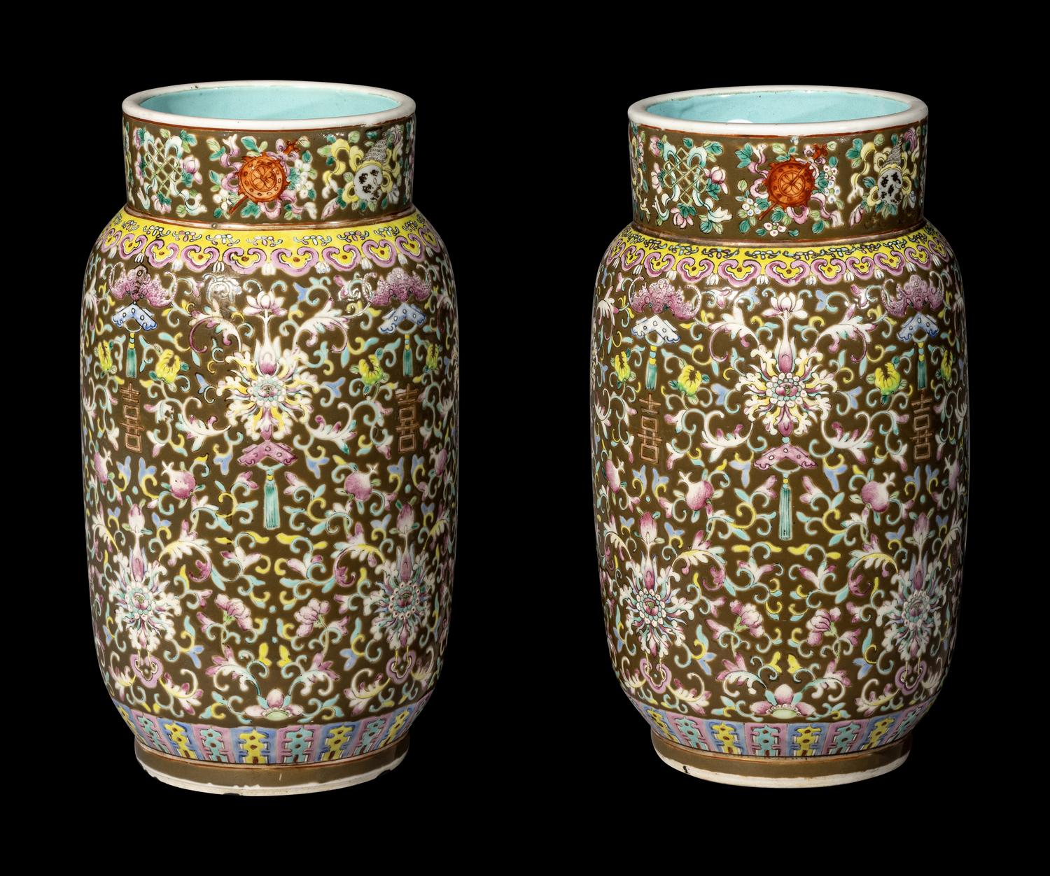 A Pair of Chinese Brown Glazed Famille Rose Porcelain 'Double Happiness' Vases