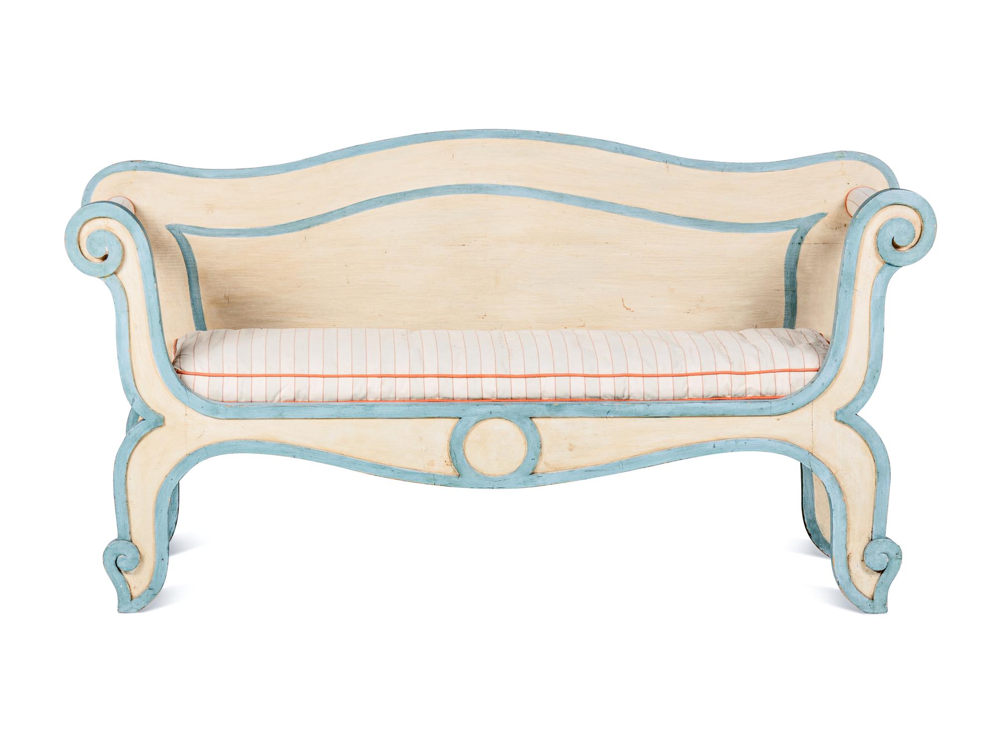 An Italian Cream and Blue-Painted Bench