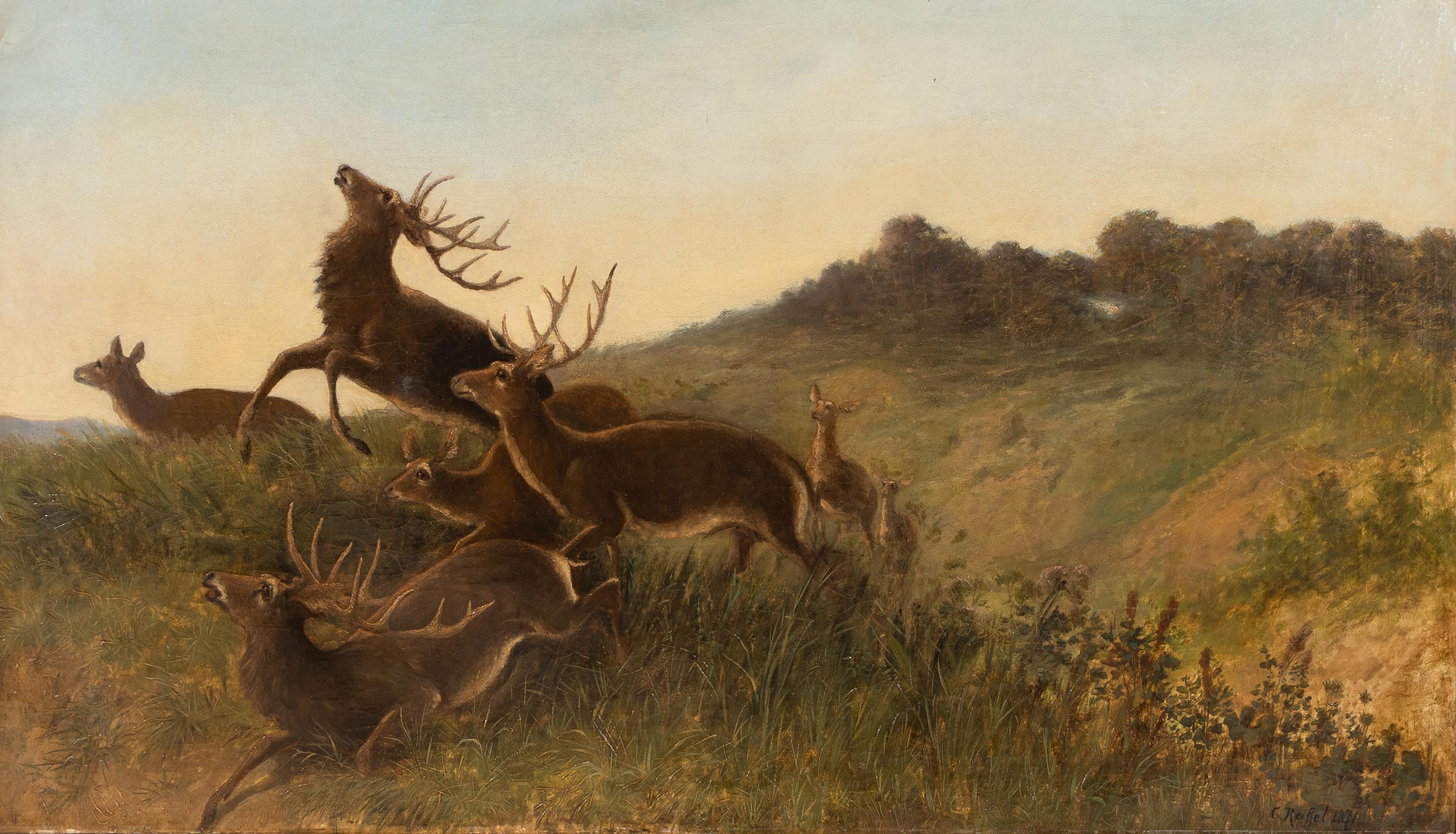 Artist Unknown, 19th Century — Three Leaping Stags and a Group of Doe, 1871