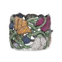 DIAMOND, COLORED DIAMOND, MULTICOLORED GEMSTONE, AND BLACKENED GOLD FLOWER CUFF BRACELET