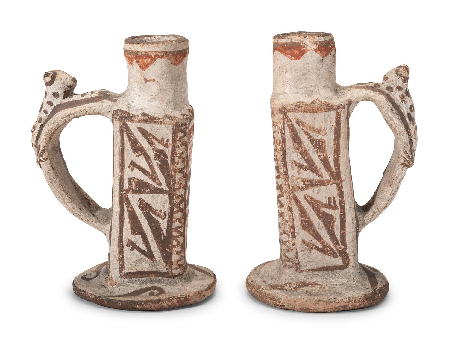 Pair of Zuni Figural Polychrome Pottery Candlesticks