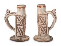 Pair of Zuni Figural Polychrome Pottery Candlesticks