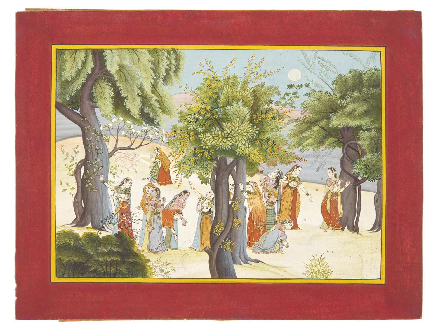 A Painting of The Gopis Search for Krisha in a Moonlit Forest, Pahari (Himalayan foothill) Idiom, Probably Himachal Pradesh, India, 20th Century