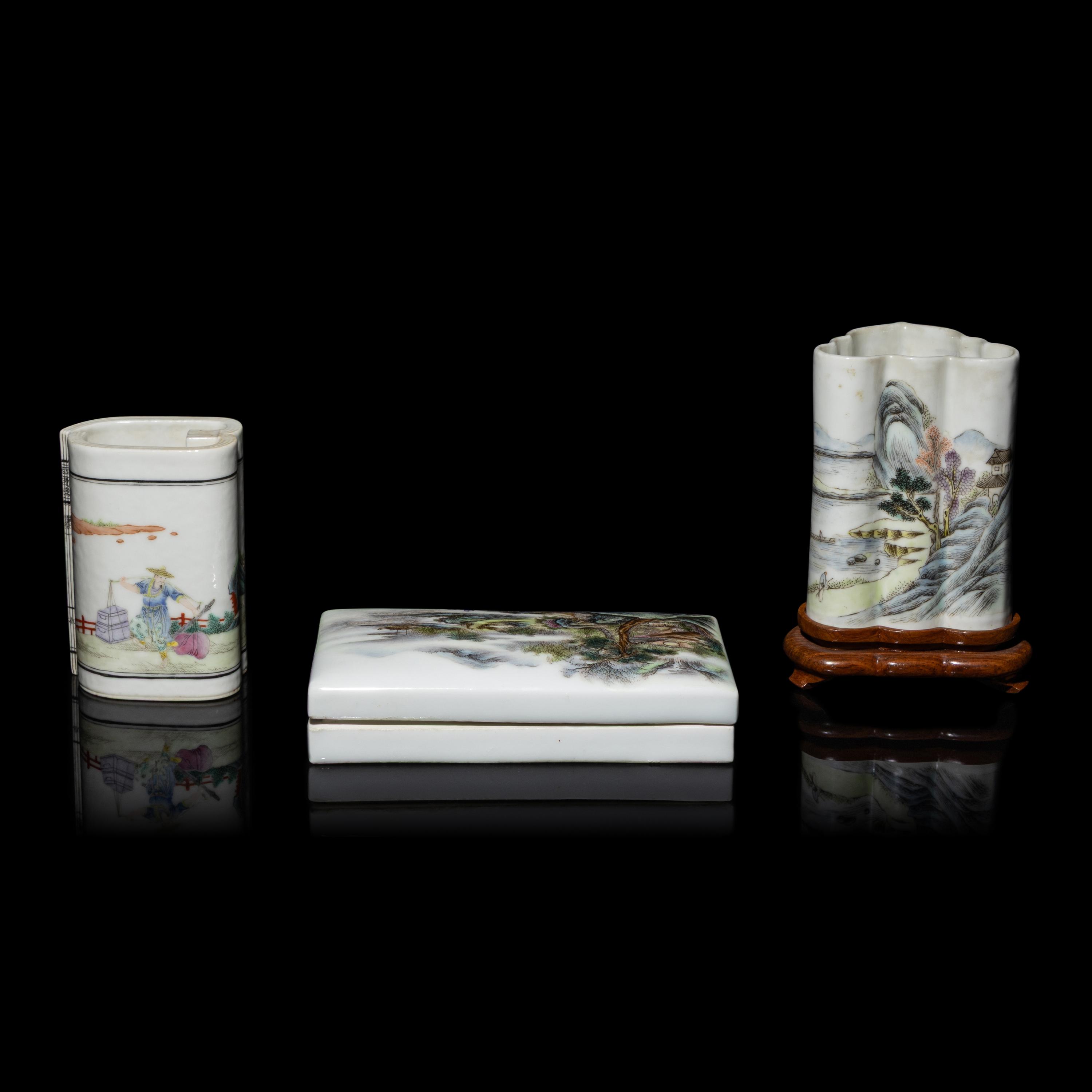 Three Chinese Famille Rose Porcelain Scholar's Objects, 20th Century — 近代 粉彩山水人物圖筆筒二及帶蓋硯台一
