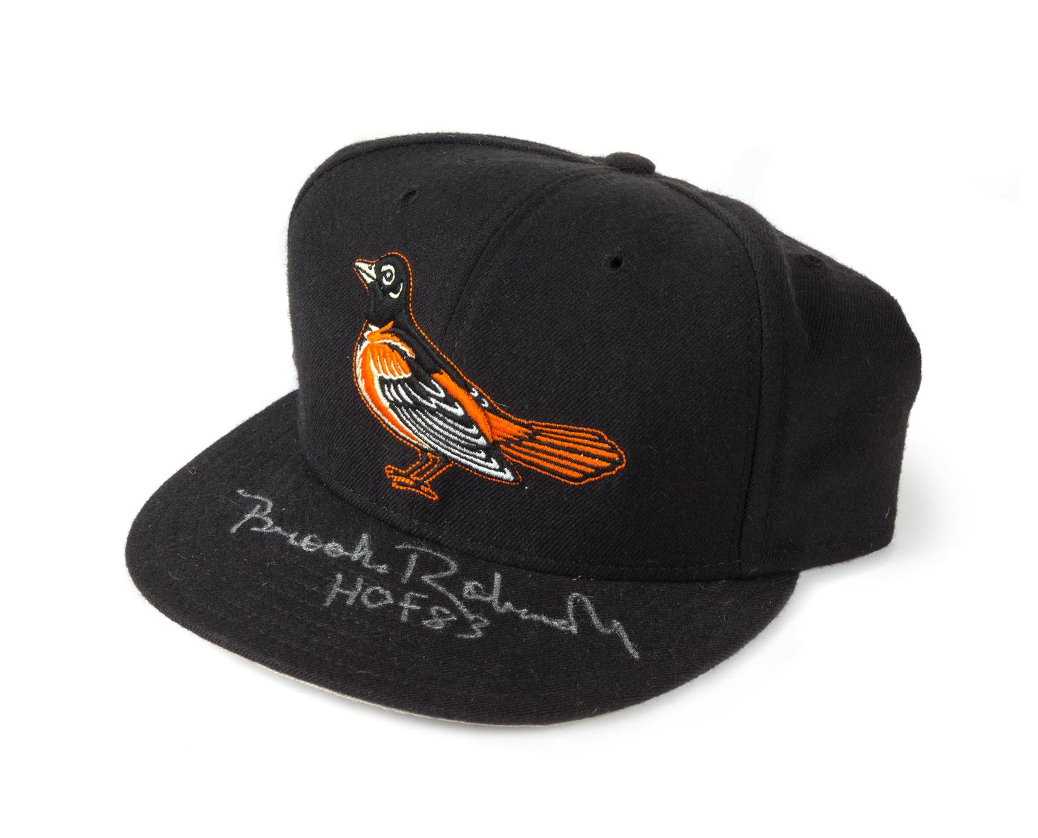A Brooks Robinson Autographed Baseball Hat Height of display case 6 1/2 x width 10 1/2 x depth 9 1/2 inches.