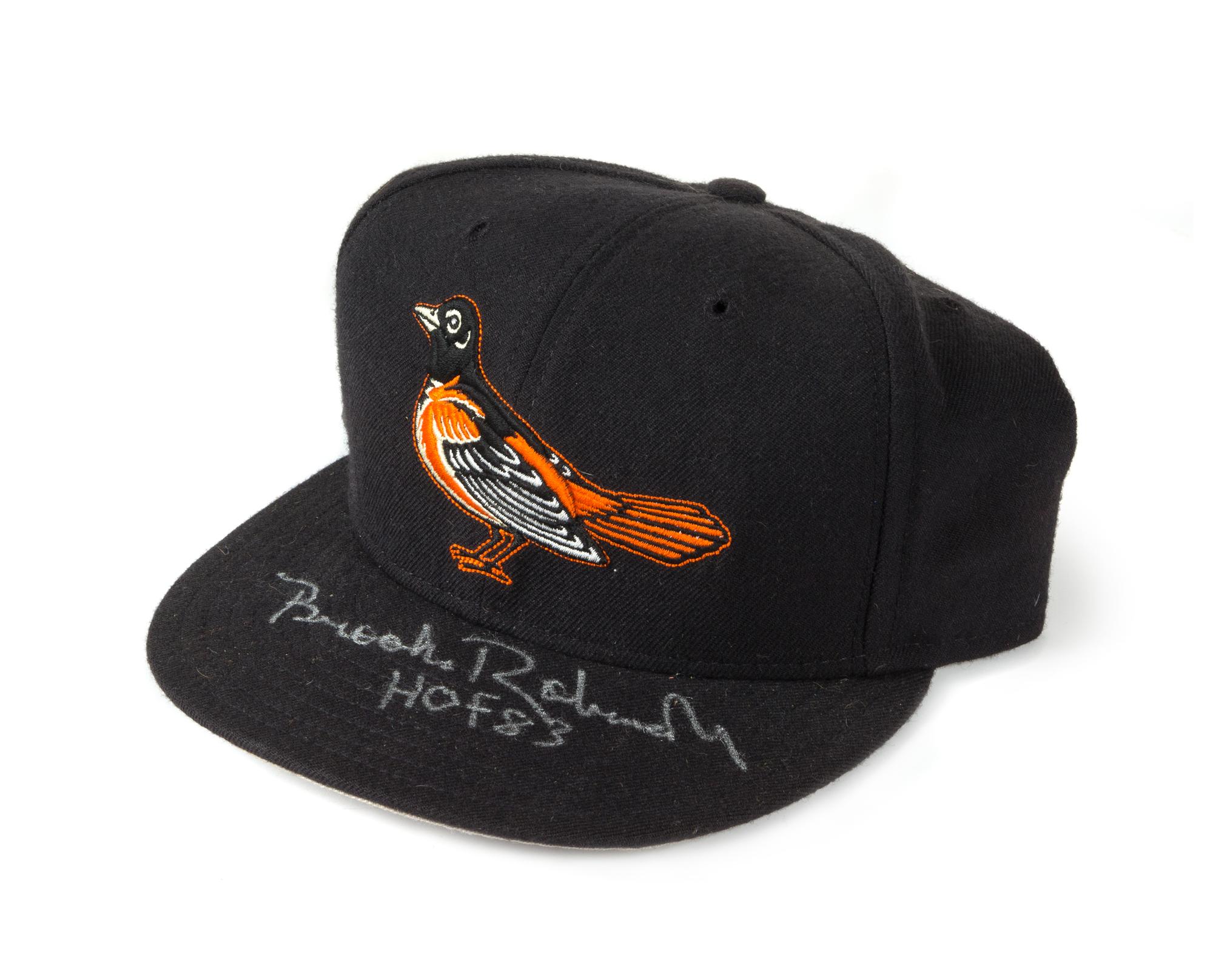 A Brooks Robinson Autographed Baseball Hat Height of display case 6 1/2 x width 10 1/2 x depth 9 1/2 inches.