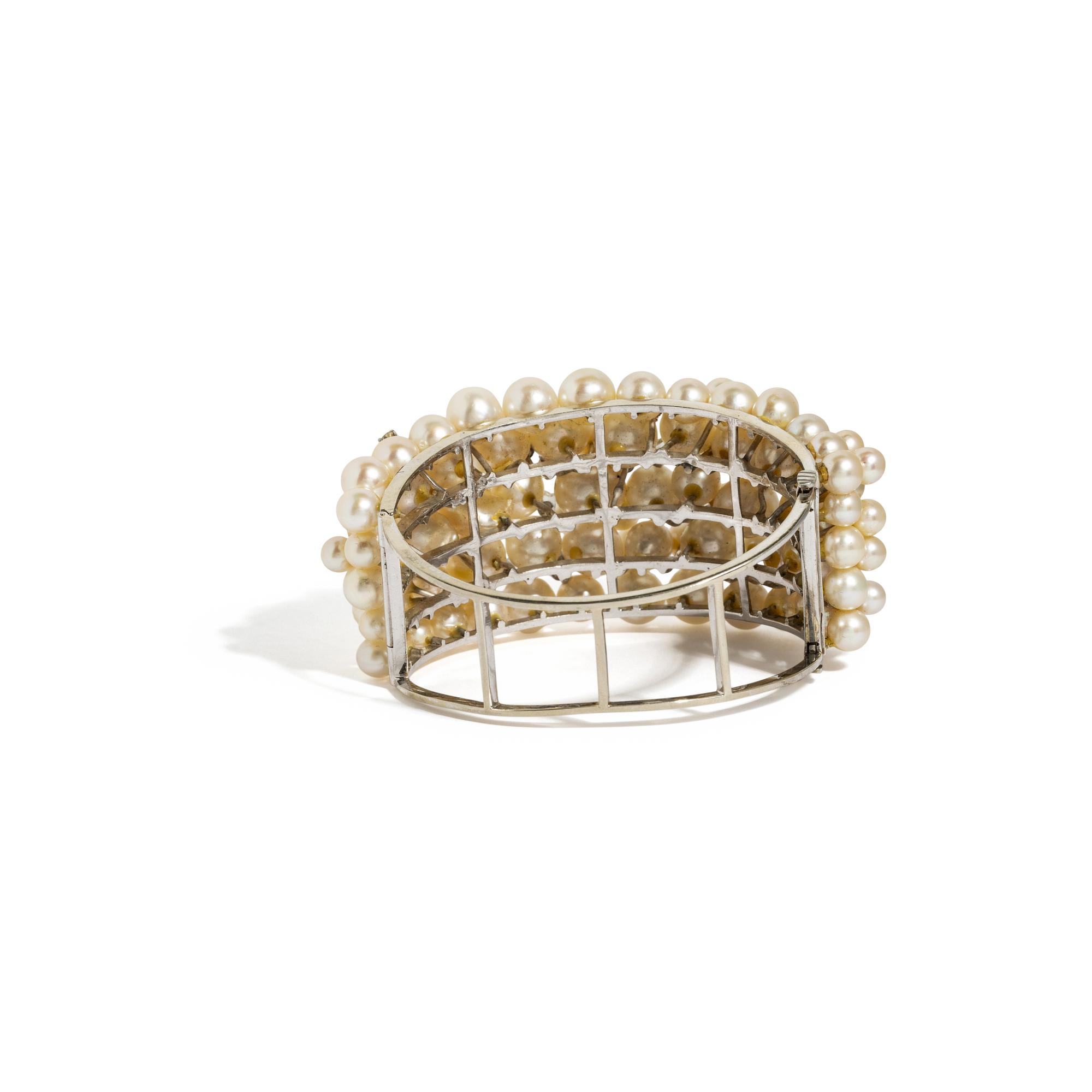 CULTURED PEARL, DIAMOND, AND WHITE GOLD BANGLE BRACELET