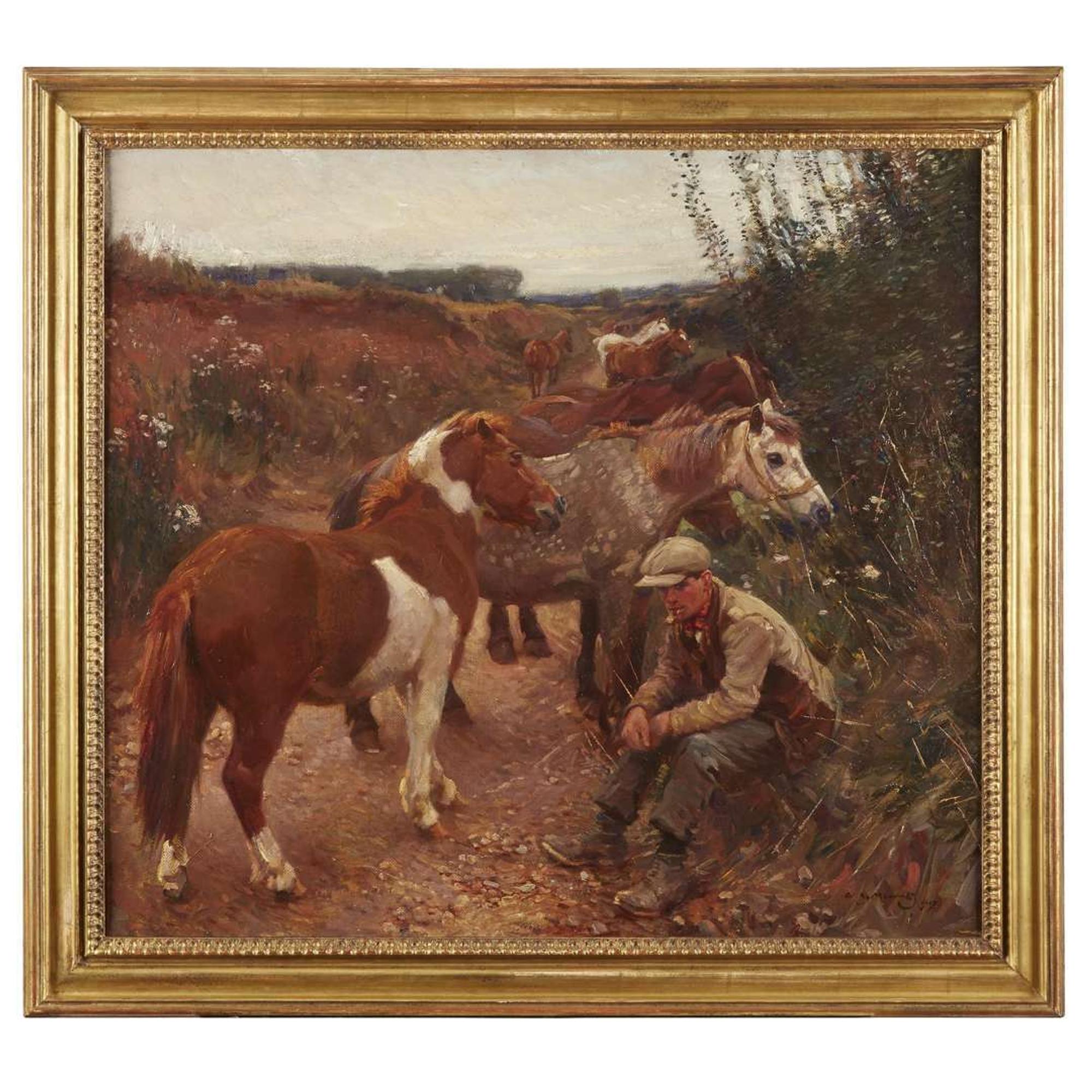 Sir Alfred Munnings (British, 1878–1959) Irish Ponies in a Grassy Lane