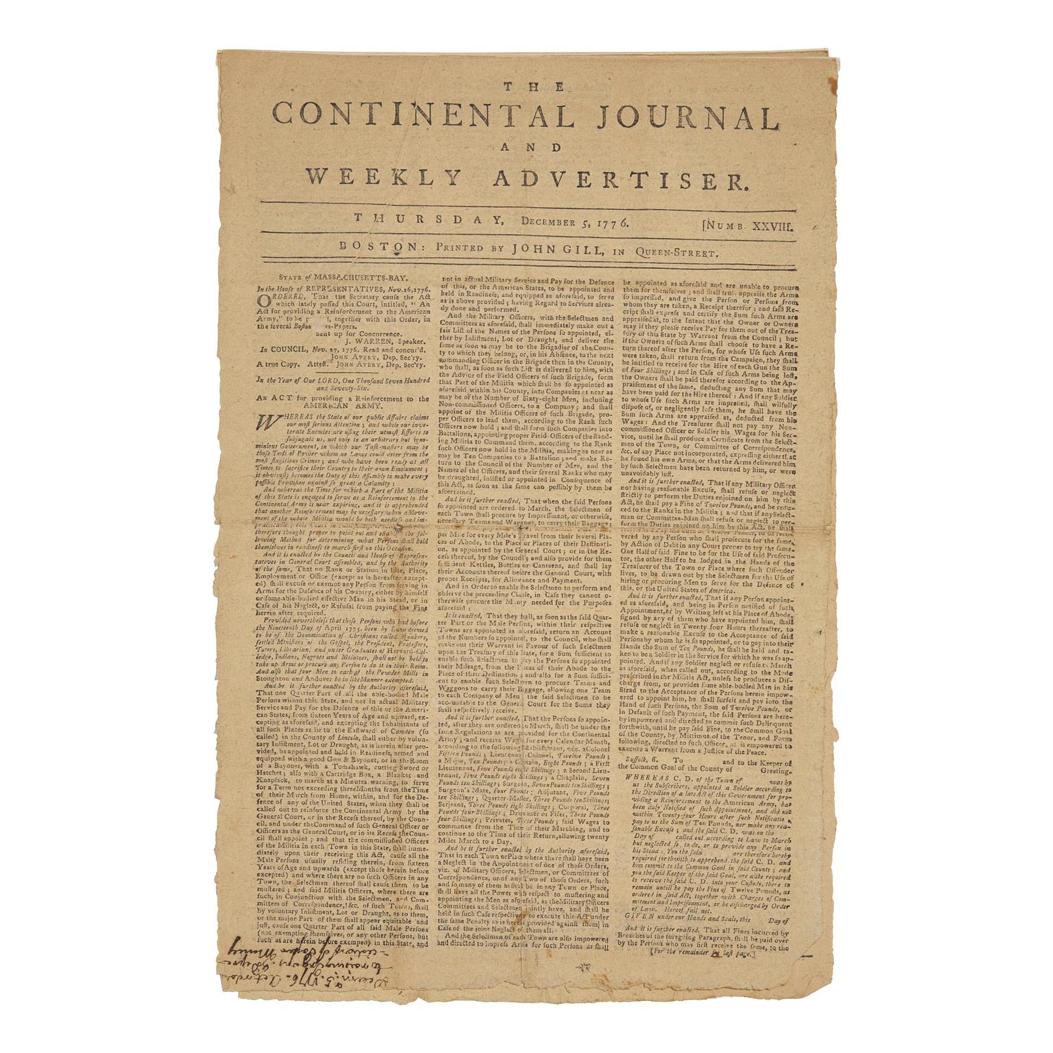 [American Revolution] The Continental Journal and Weekly Advertiser , with a Front Page Printing of "An Act for providing a Reinforcement to the American Army"