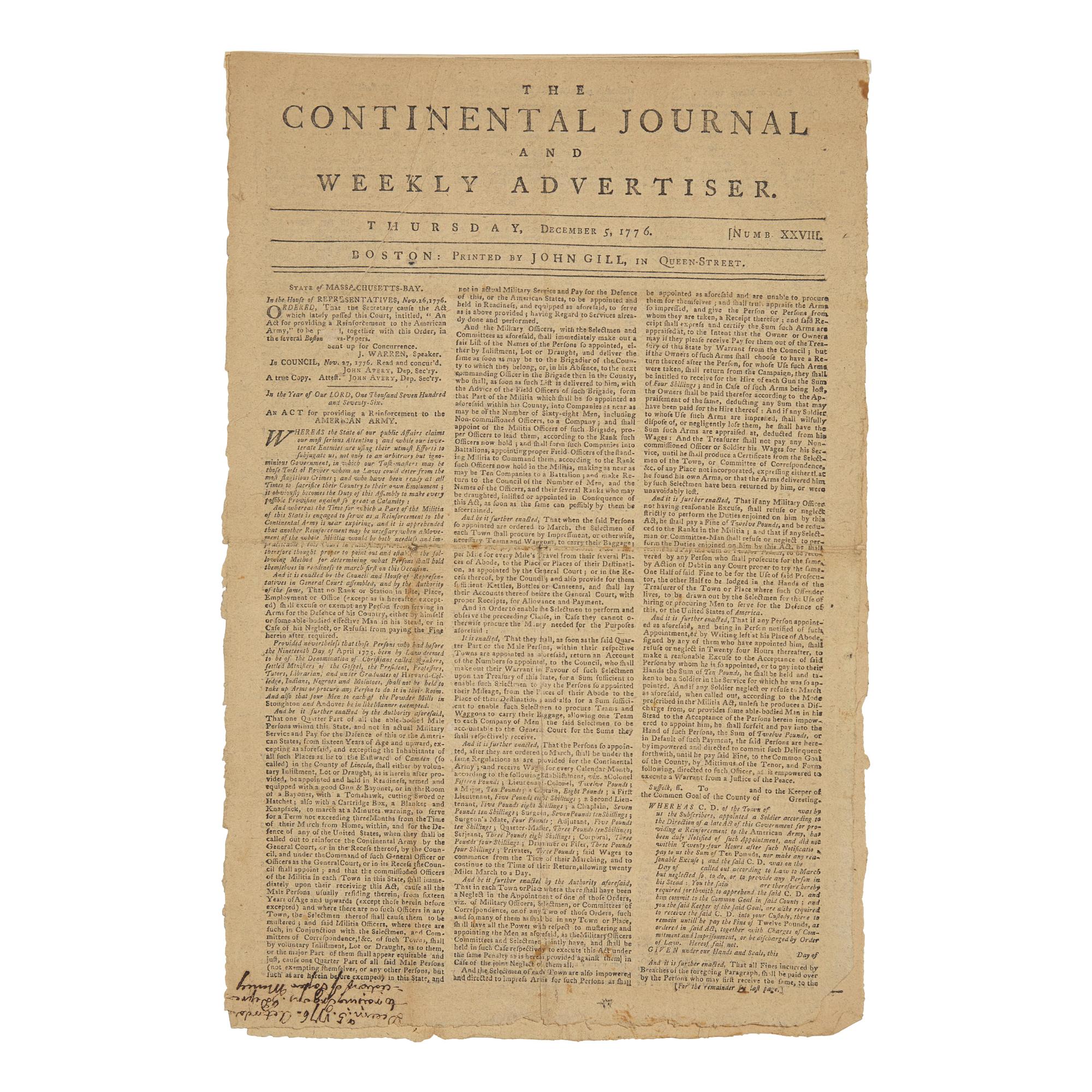 [American Revolution] The Continental Journal and Weekly Advertiser , with a Front Page Printing of "An Act for providing a Reinforcement to the American Army"