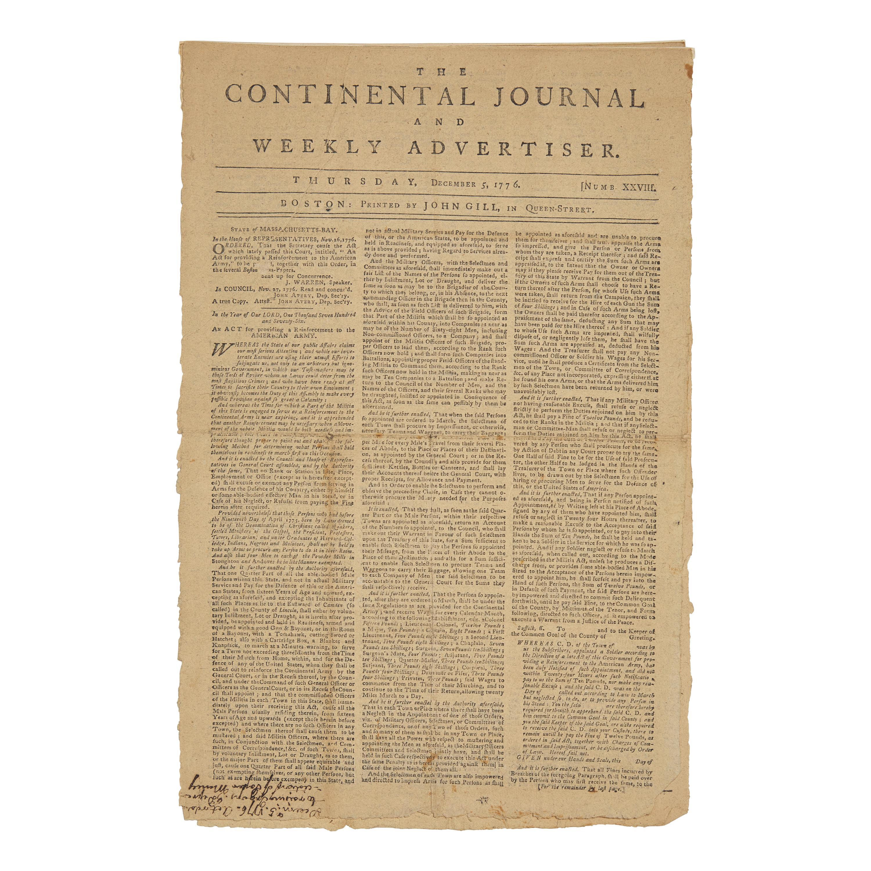 [American Revolution] The Continental Journal and Weekly Advertiser , with a Front Page Printing of "An Act for providing a Reinforcement to the American Army"