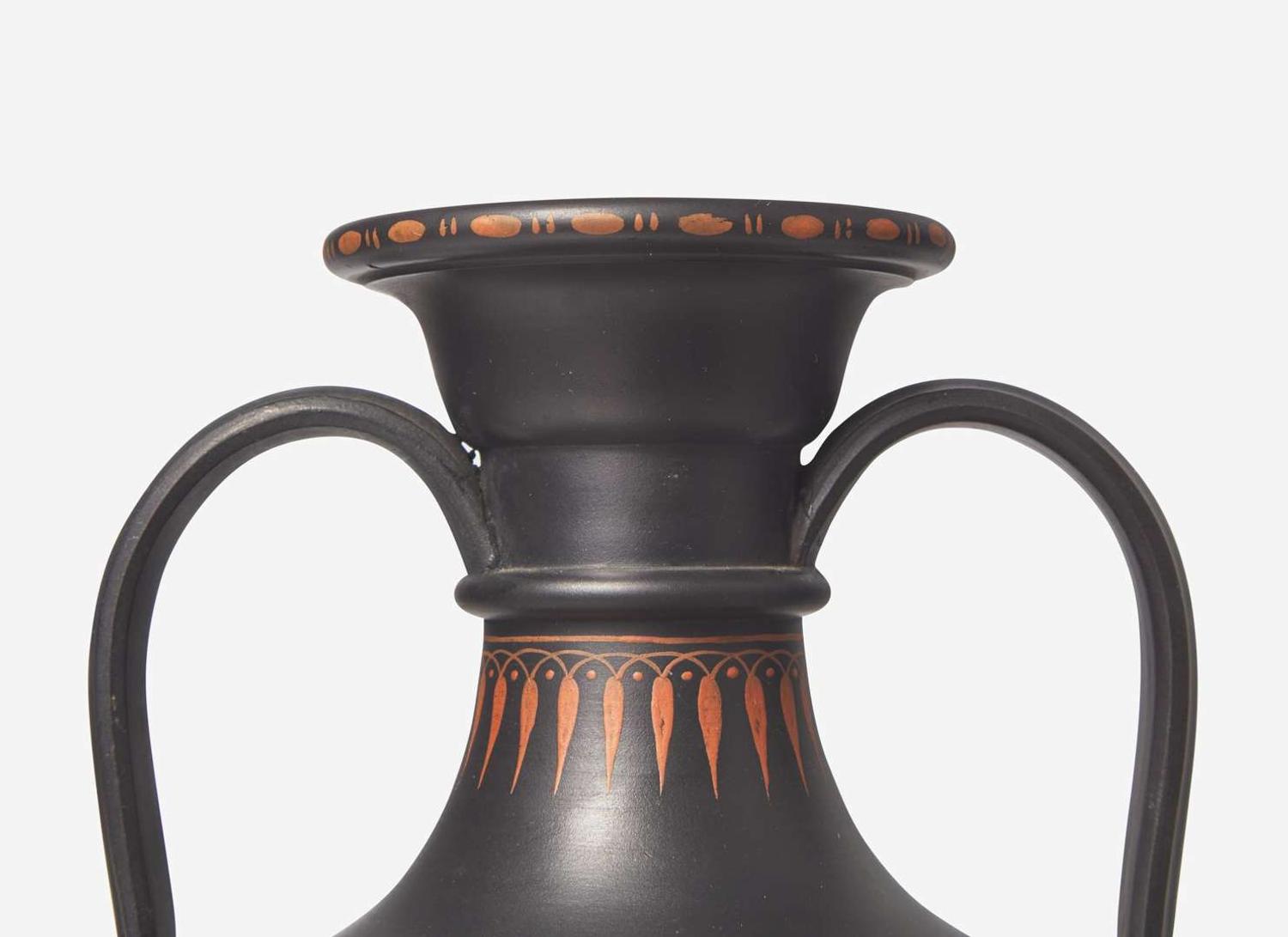 A Large Wedgwood Encaustic Decorated Black Basalt Handled Vase, UK, circa 1800