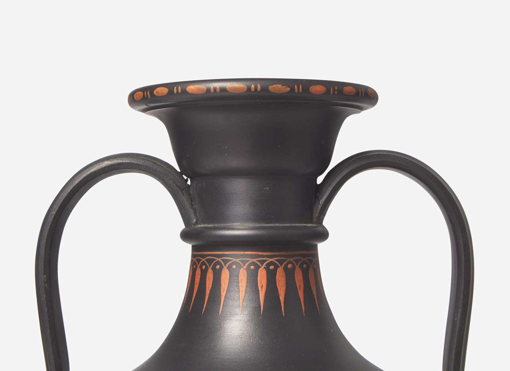 A Large Wedgwood Encaustic Decorated Black Basalt Handled Vase, UK, circa 1800