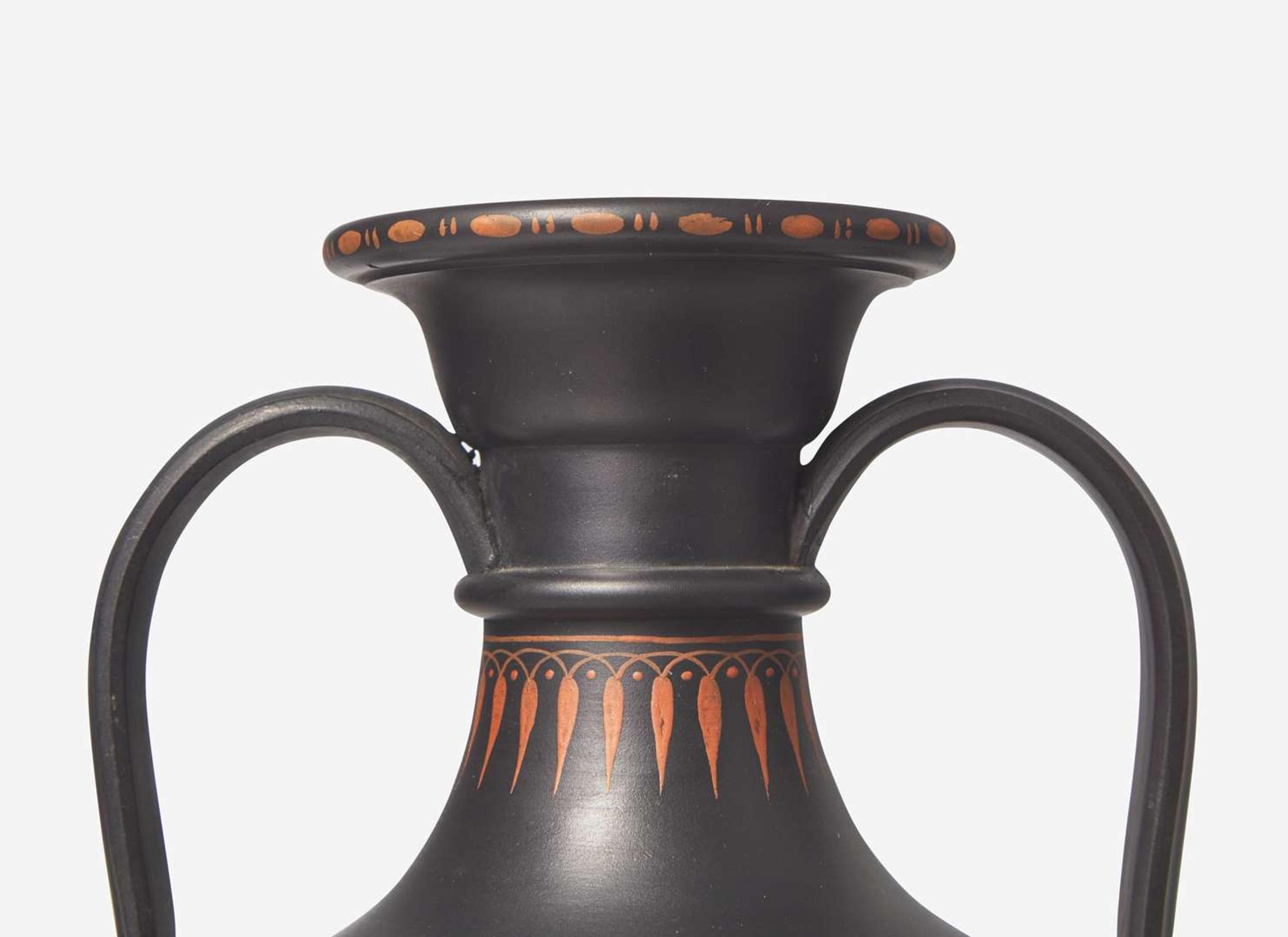 A Large Wedgwood Encaustic Decorated Black Basalt Handled Vase, UK, circa 1800