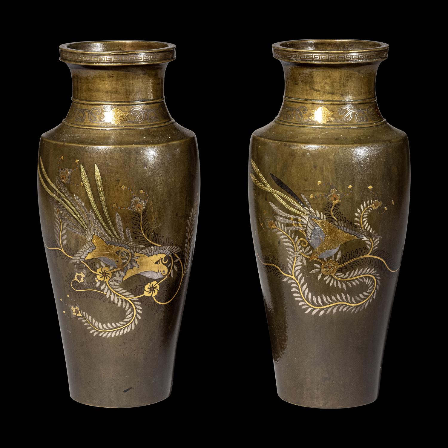 A Pair of Japanese Mixed Metal Vases