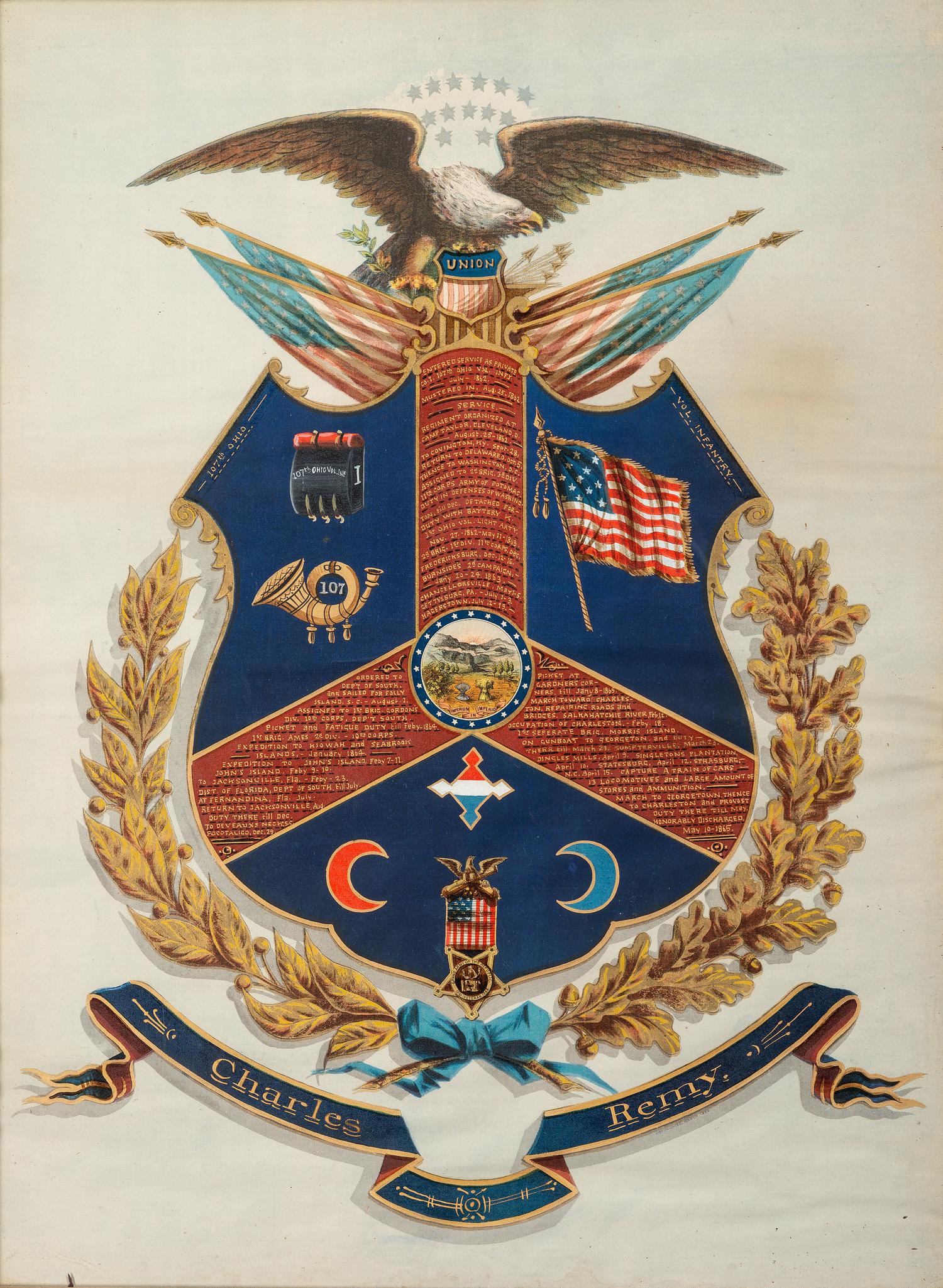 [CIVIL WAR]. Painted escutcheon identified to Private Charles Remy, 107th Ohio Volunteer Infantry.