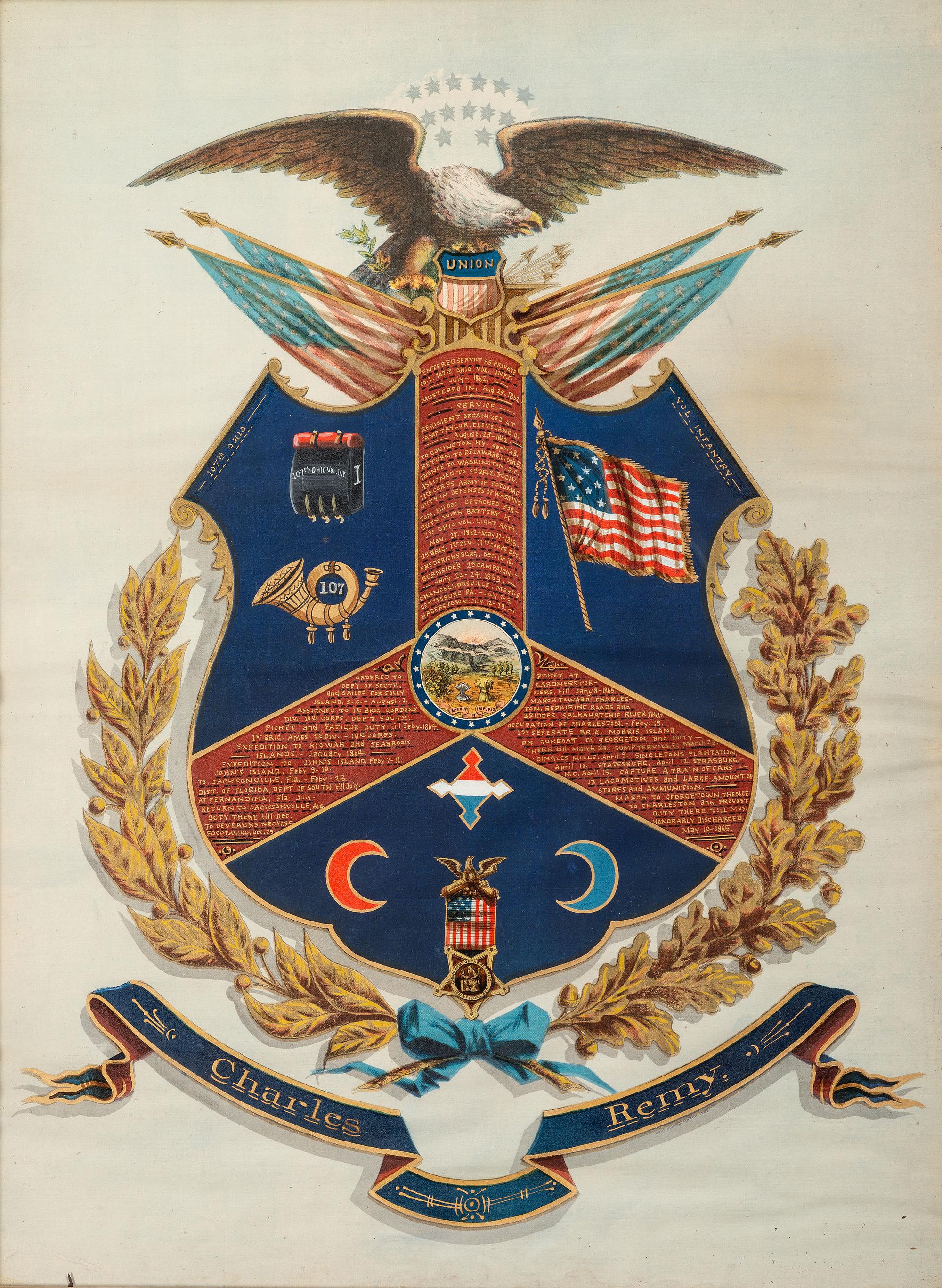 [CIVIL WAR]. Painted escutcheon identified to Private Charles Remy, 107th Ohio Volunteer Infantry.