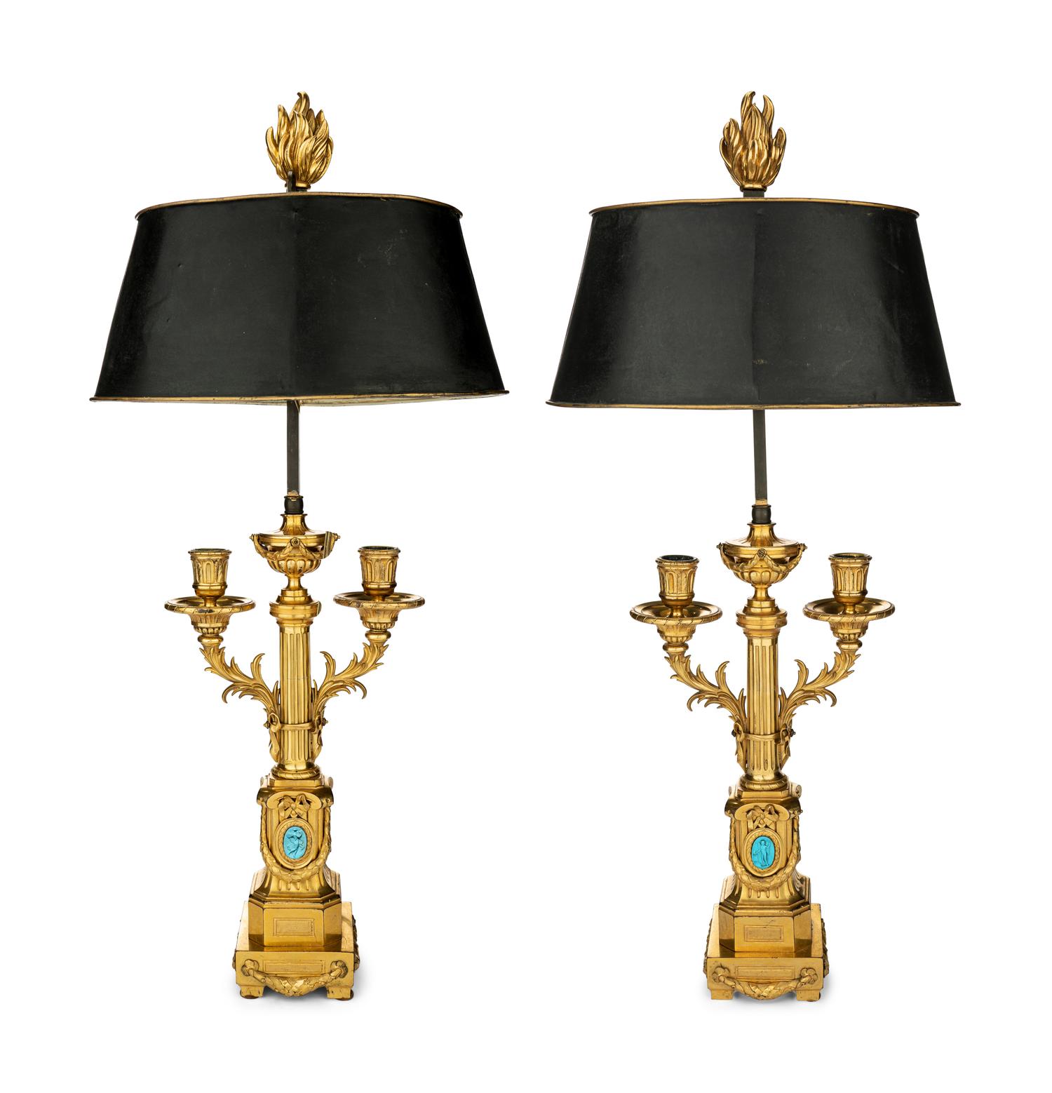 A Pair of Louis XVI Gilt Bronze Two-Light Lamps