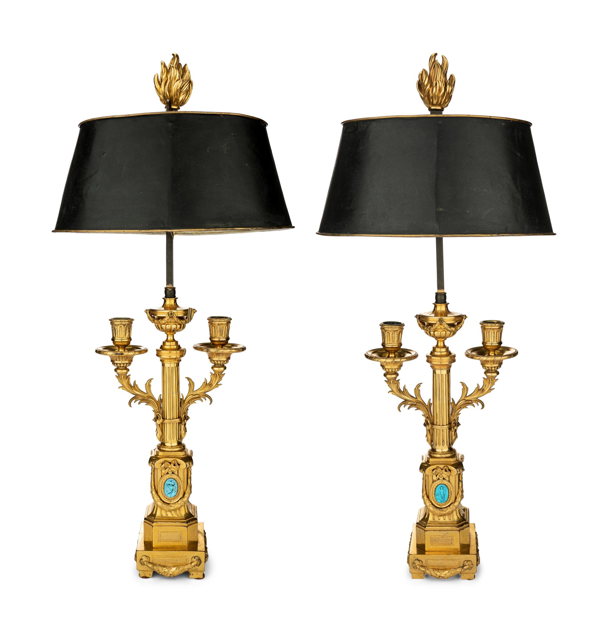 A Pair of Louis XVI Gilt Bronze Two-Light Lamps