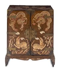 A Fine Korean Mother-of-Pearl, Shagreen, and Wire Inlaid Two-Door Chest, Joseon Period 李氏朝鮮 黑漆鑲螺鈿方角櫃