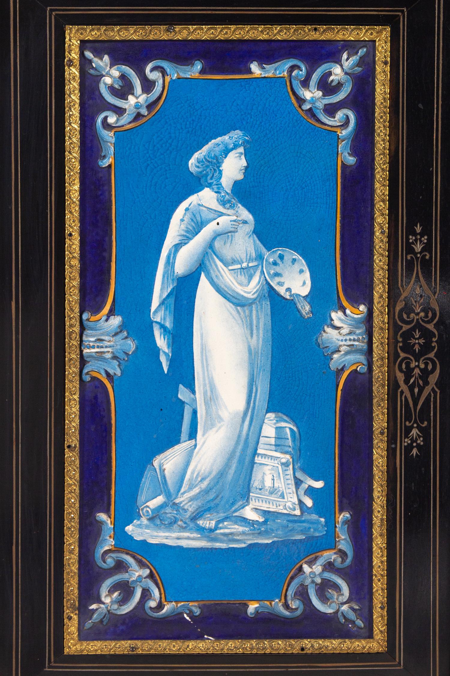 A Napoleon III Ebonized and Glazed Pottery Plaque-Mounted Marble-Top Meuble d'Appui