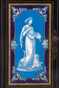 A Napoleon III Ebonized and Glazed Pottery Plaque-Mounted Marble-Top Meuble d'Appui