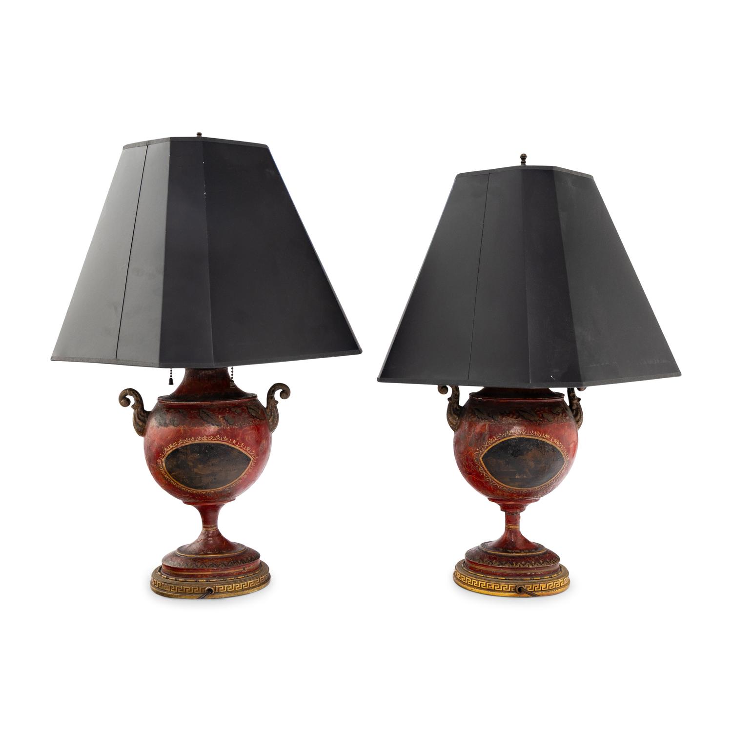 A Pair of Regency Painted Tôle Urns Mounted as Lamps