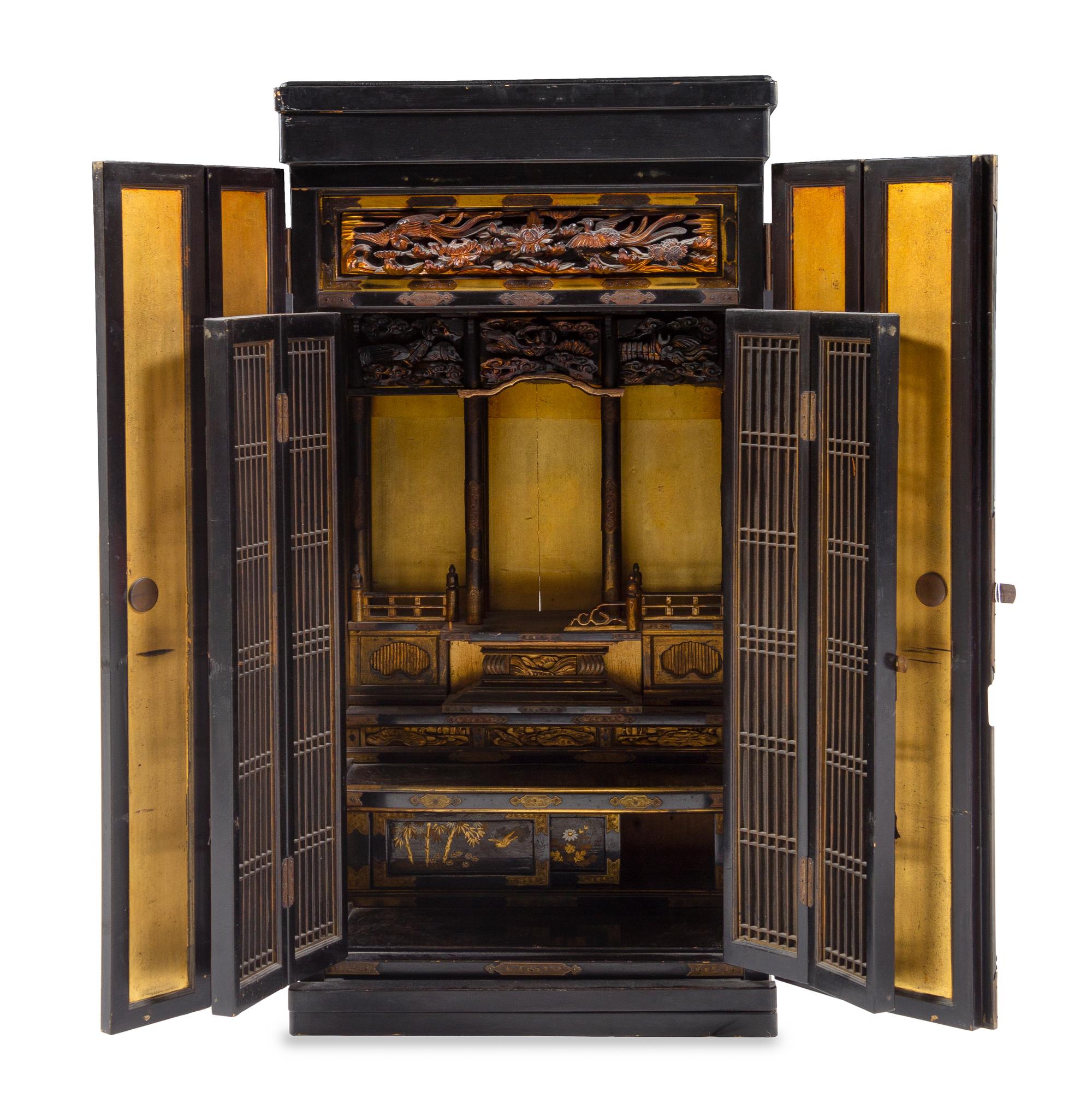 A Japanese Lacquered Buddhist Shrine Height 47 3/4 x width 18 1/2 x depth 14 1/4 inches. — 19TH CENTURY