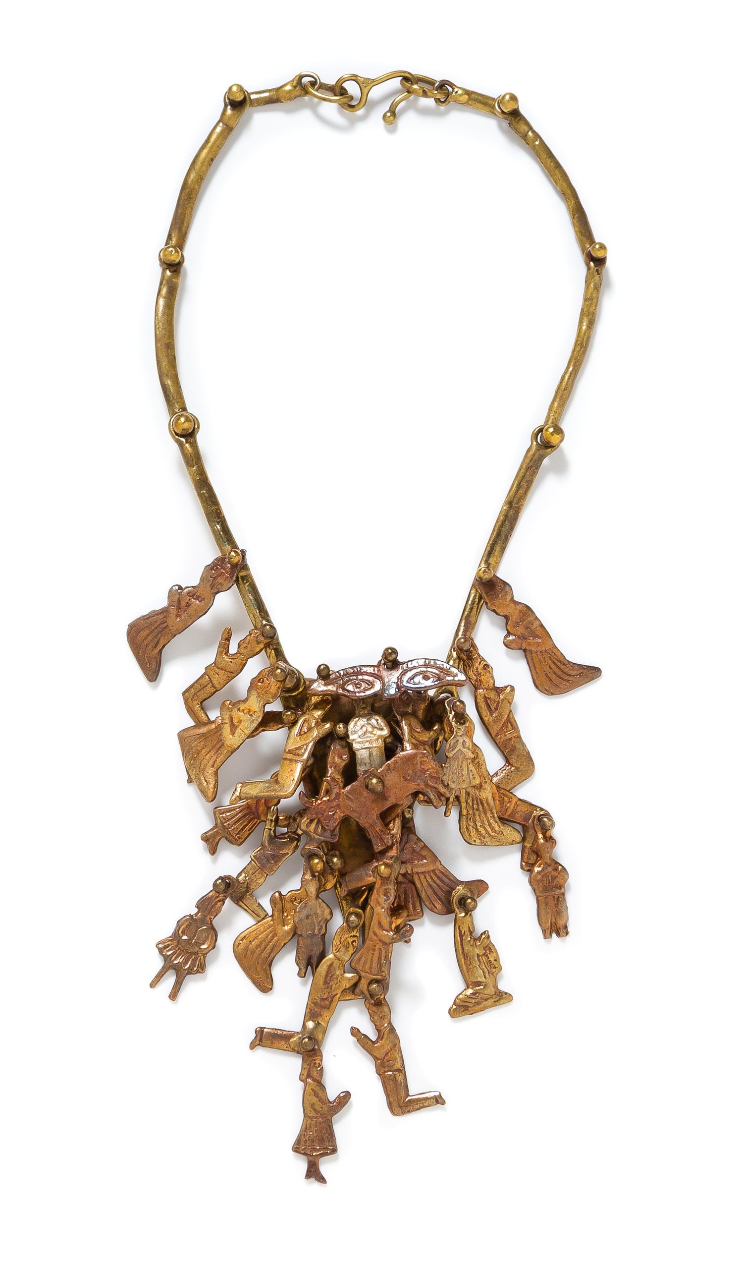 A Brutalist Mixed Metal Kinetic Milagros Fringed Bib Necklace, Pal Kepenyes, 67.45 dwts.