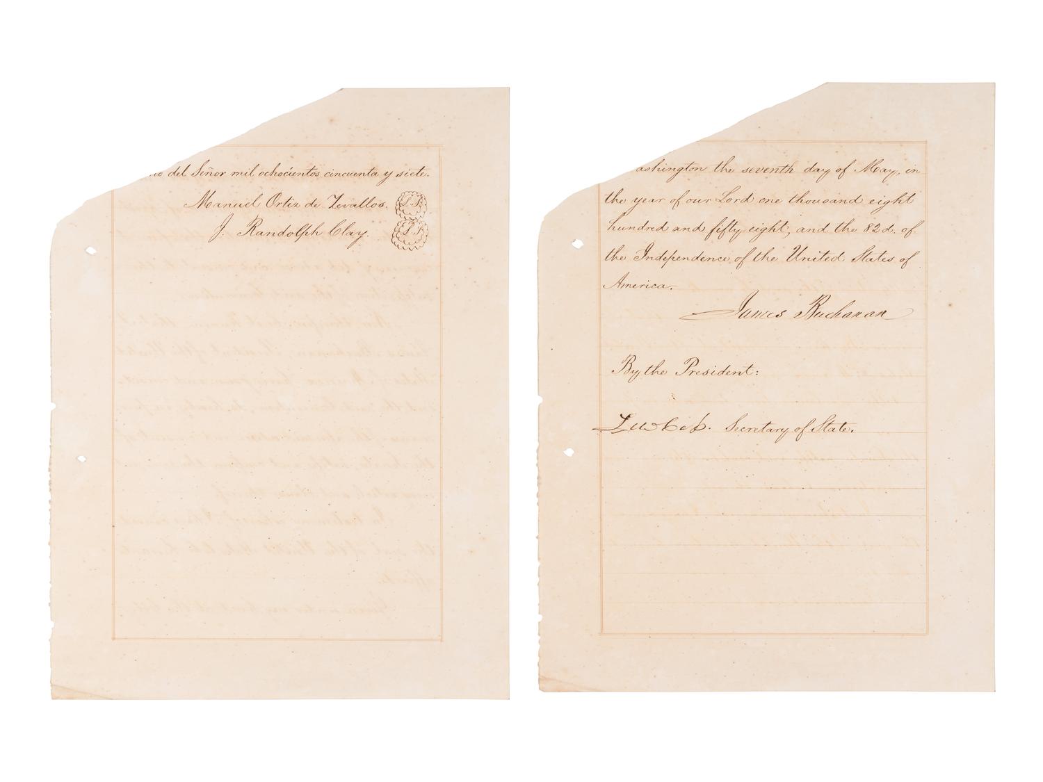 BUCHANAN, James (1791-1868). Manuscript document signed (“James Buchanan”) as President, countersigned by Secretary of State Lewis Cass. A contemporary bilingual copy of the ratification of interpretations to Article 12 of the original Treaty of the 26th of July 1851 between the United States and the Republic of Peru. 7 May 1858.