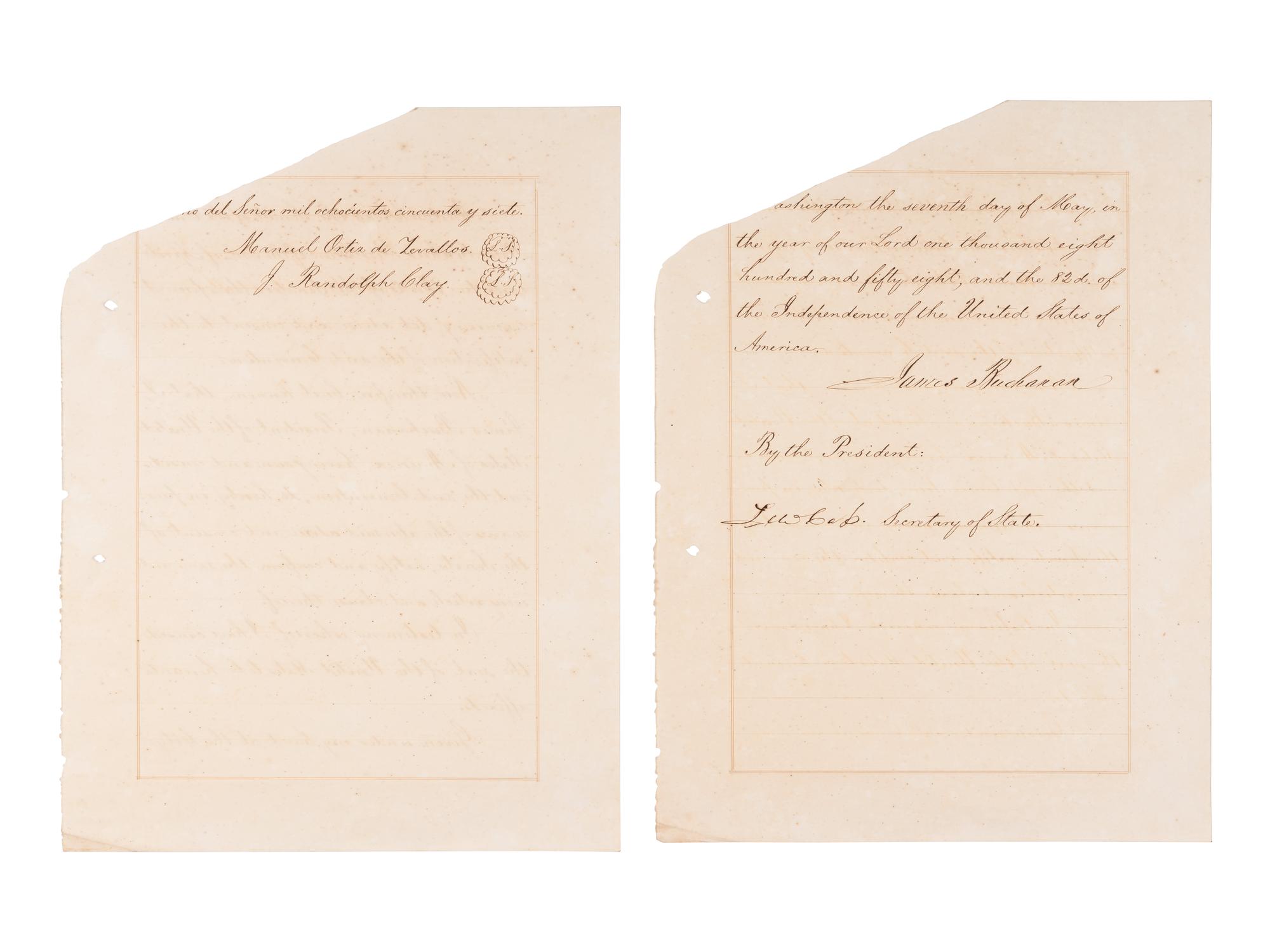BUCHANAN, James (1791-1868). Manuscript document signed (“James Buchanan”) as President, countersigned by Secretary of State Lewis Cass. A contemporary bilingual copy of the ratification of interpretations to Article 12 of the original Treaty of the 26th of July 1851 between the United States and the Republic of Peru. 7 May 1858.