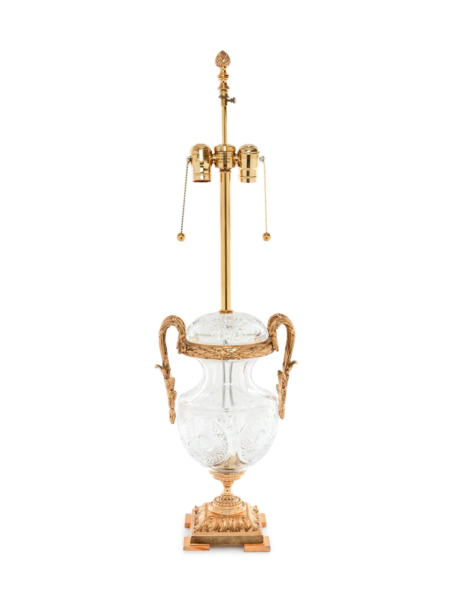 A Gilt Metal and Cut Glass Urn Mounted as a Lamp
