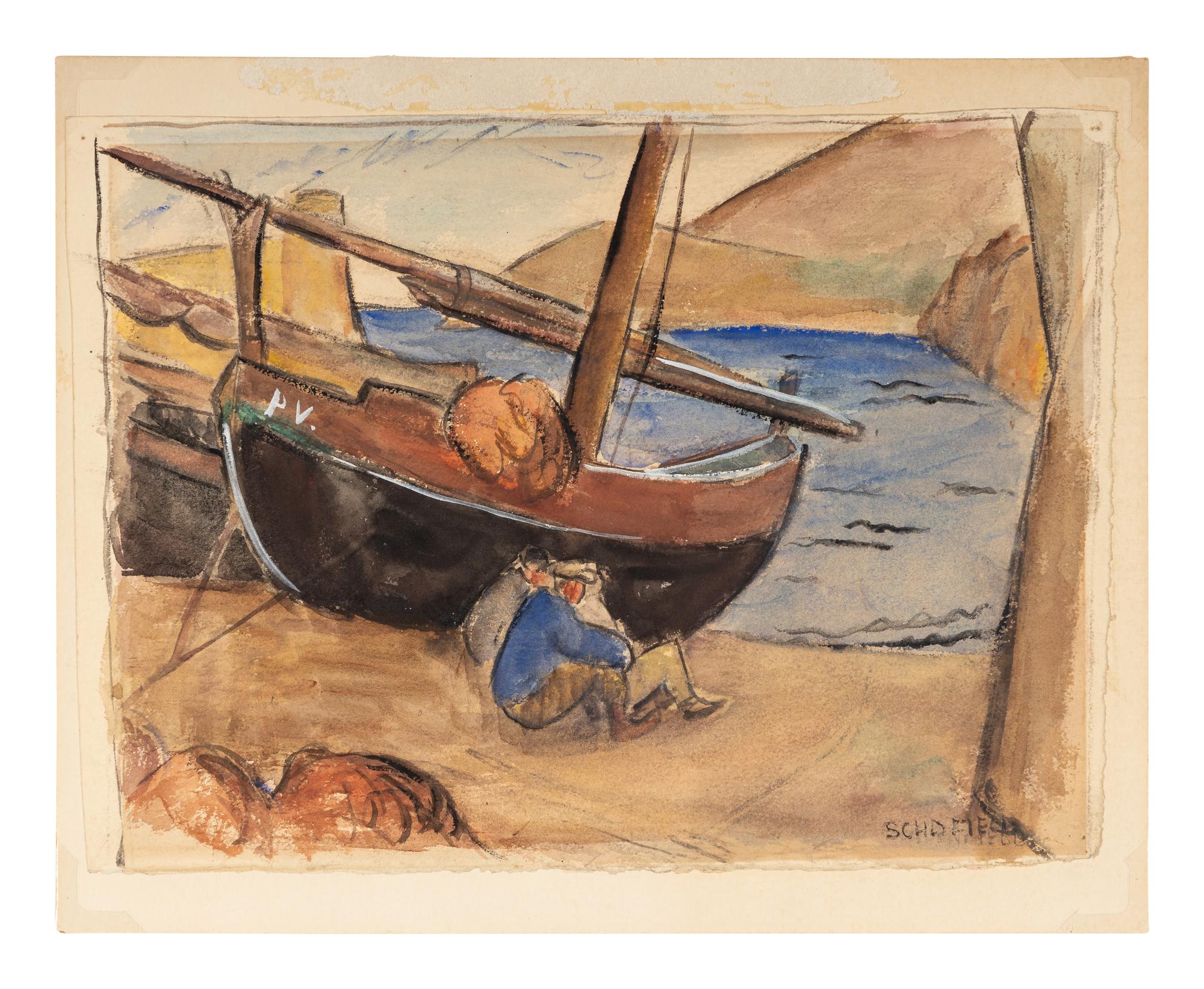 Untitled (Fishermen and Sailboat), c. 1925