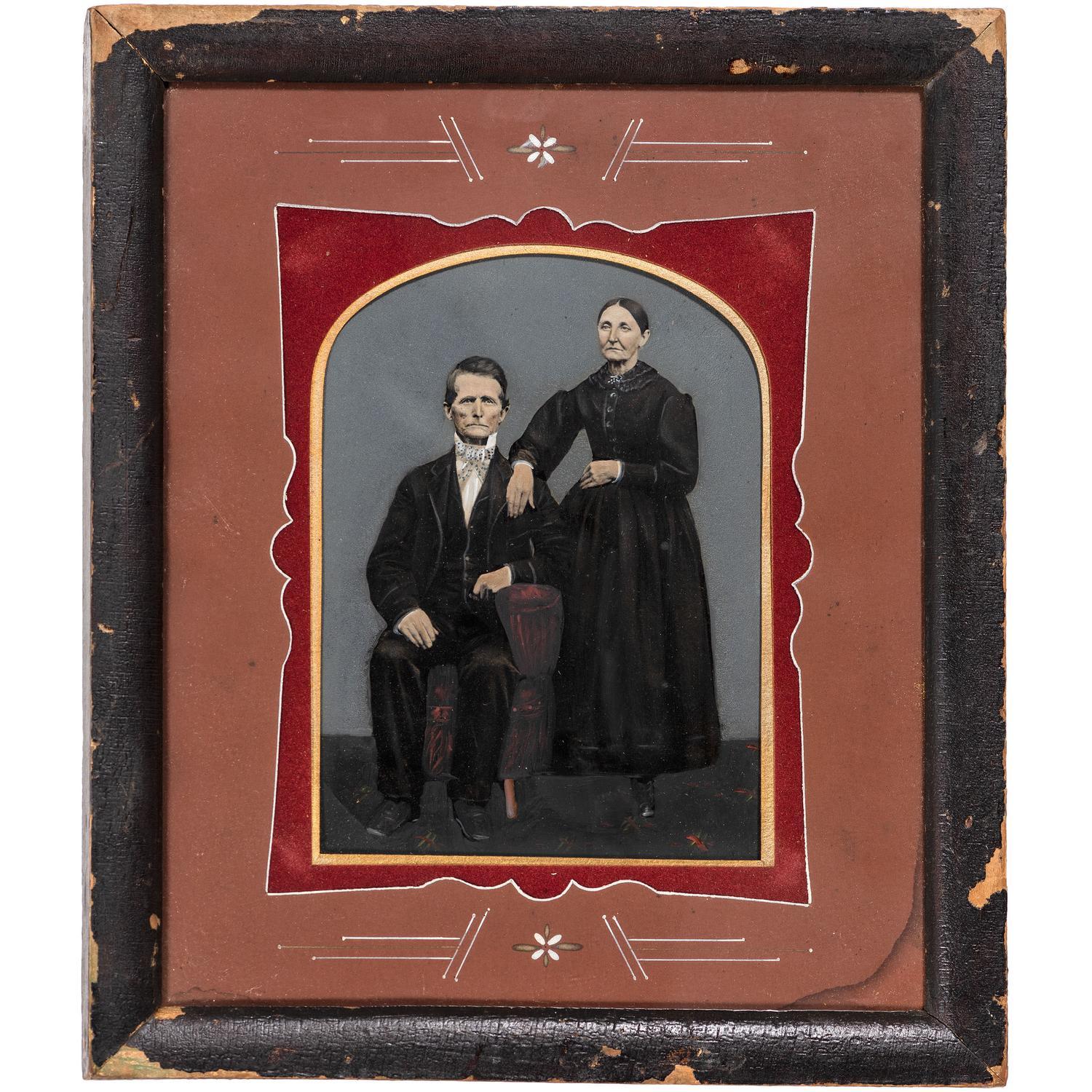 [EARLY PHOTOGRAPHY - PORTRAITURE]. A group of 10 folk art hand-painted tintypes of individual men, women, and couples, including: