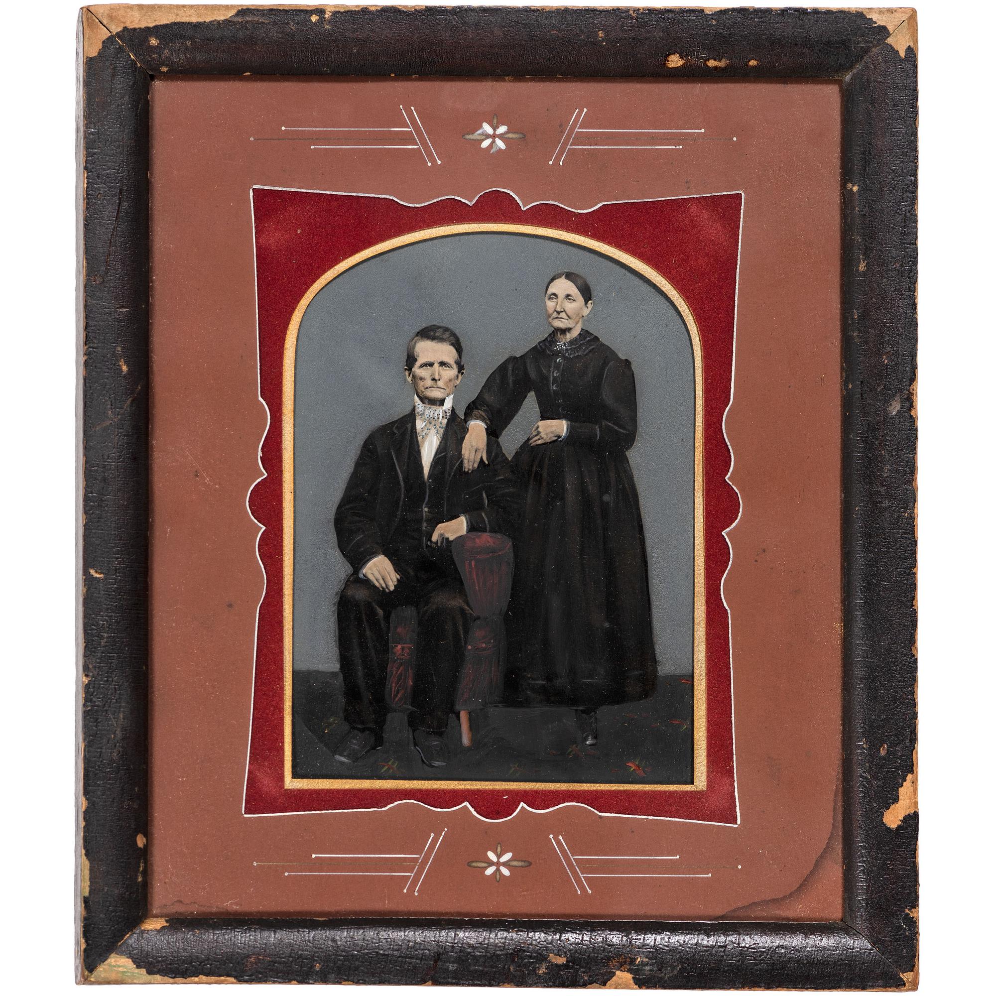[EARLY PHOTOGRAPHY - PORTRAITURE]. A group of 10 folk art hand-painted tintypes of individual men, women, and couples, including: