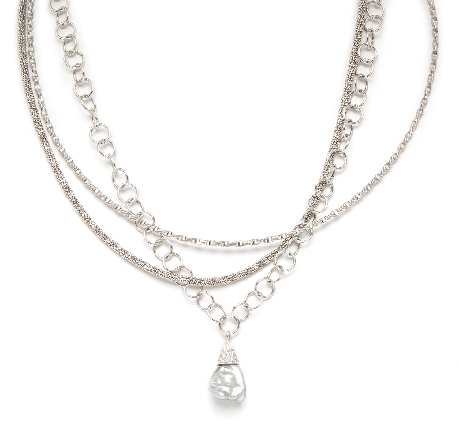 A Collection of 18 Karat White Gold, Cultured Pearl and Diamond Necklaces, 22.10 dwts.