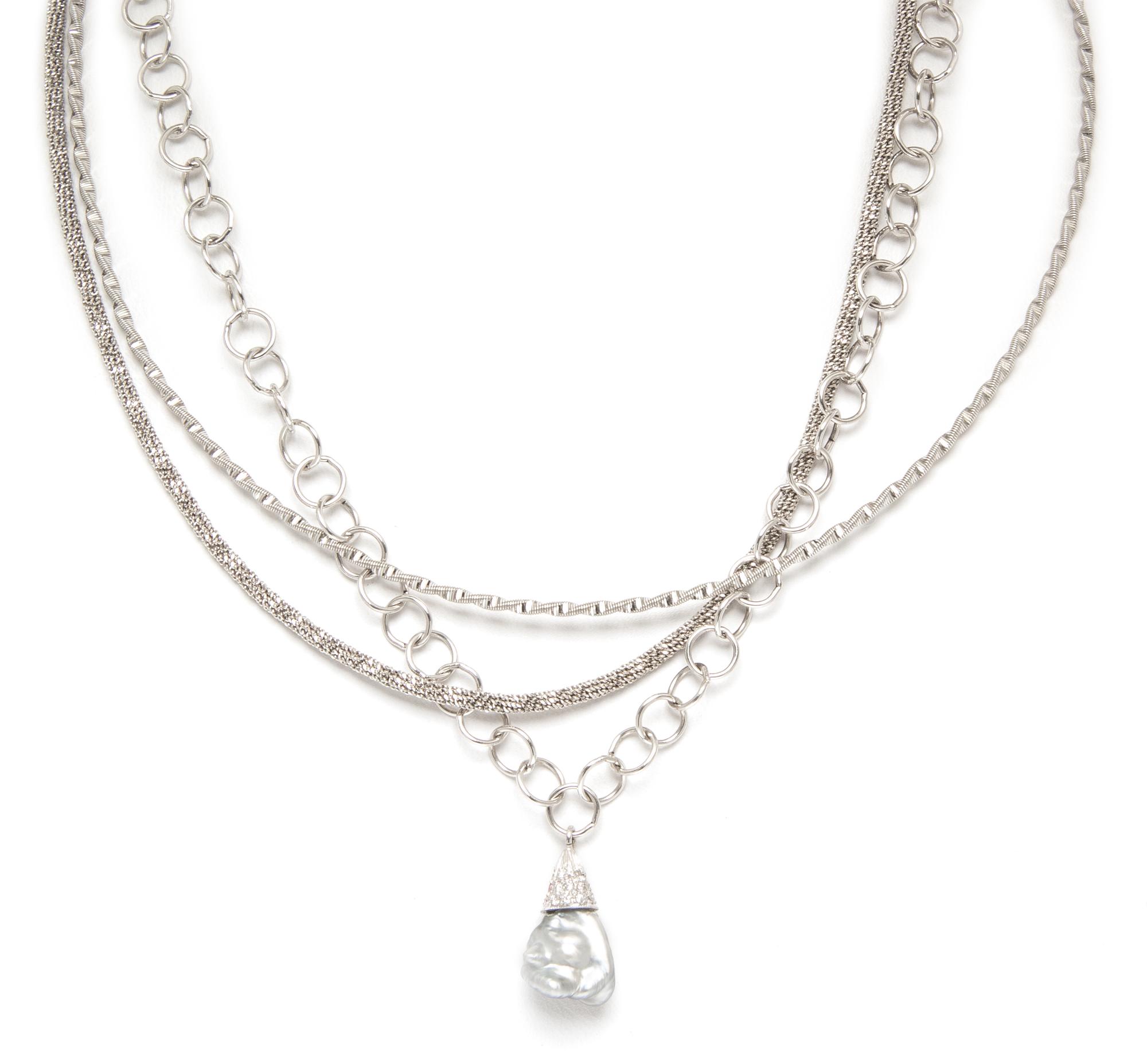 A Collection of 18 Karat White Gold, Cultured Pearl and Diamond Necklaces, 22.10 dwts.