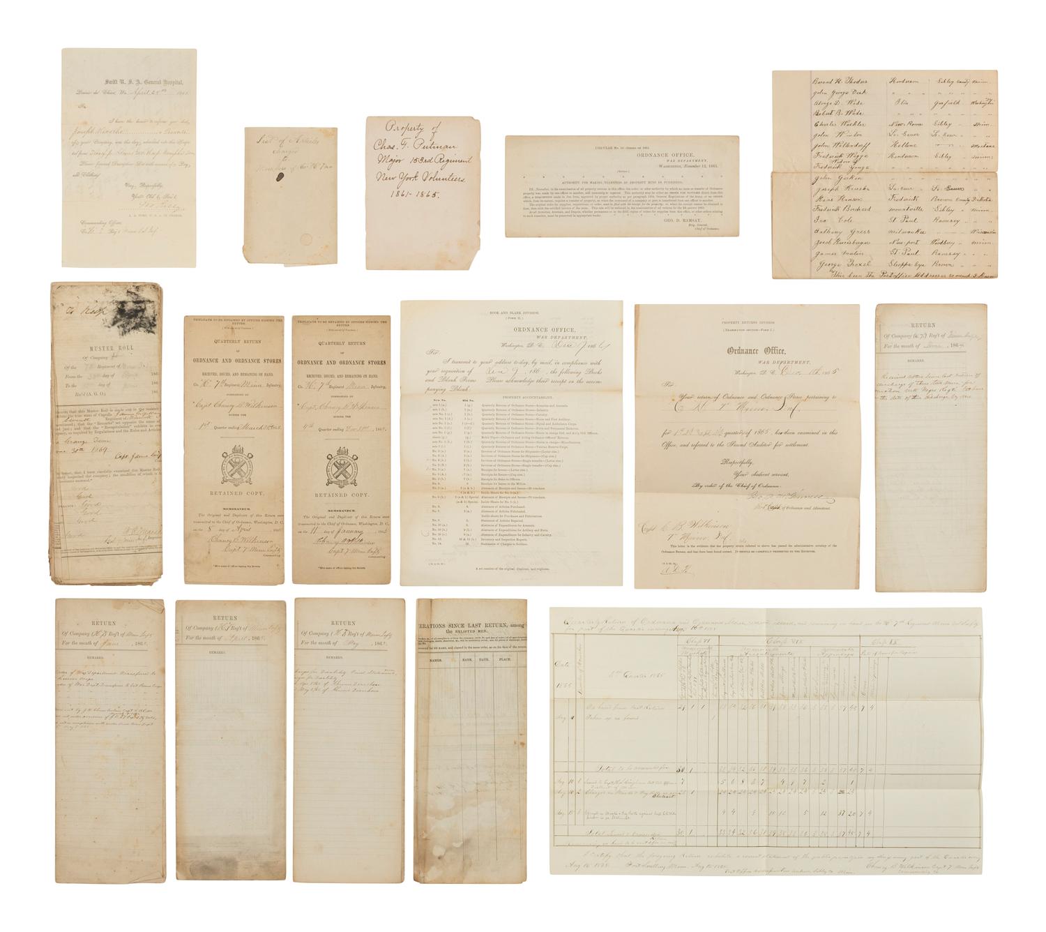 [CIVIL WAR]. Archive of documents from Co. H, 7th Minnesota Infantry, including muster rolls, returns, and more, ca 1864-1865.