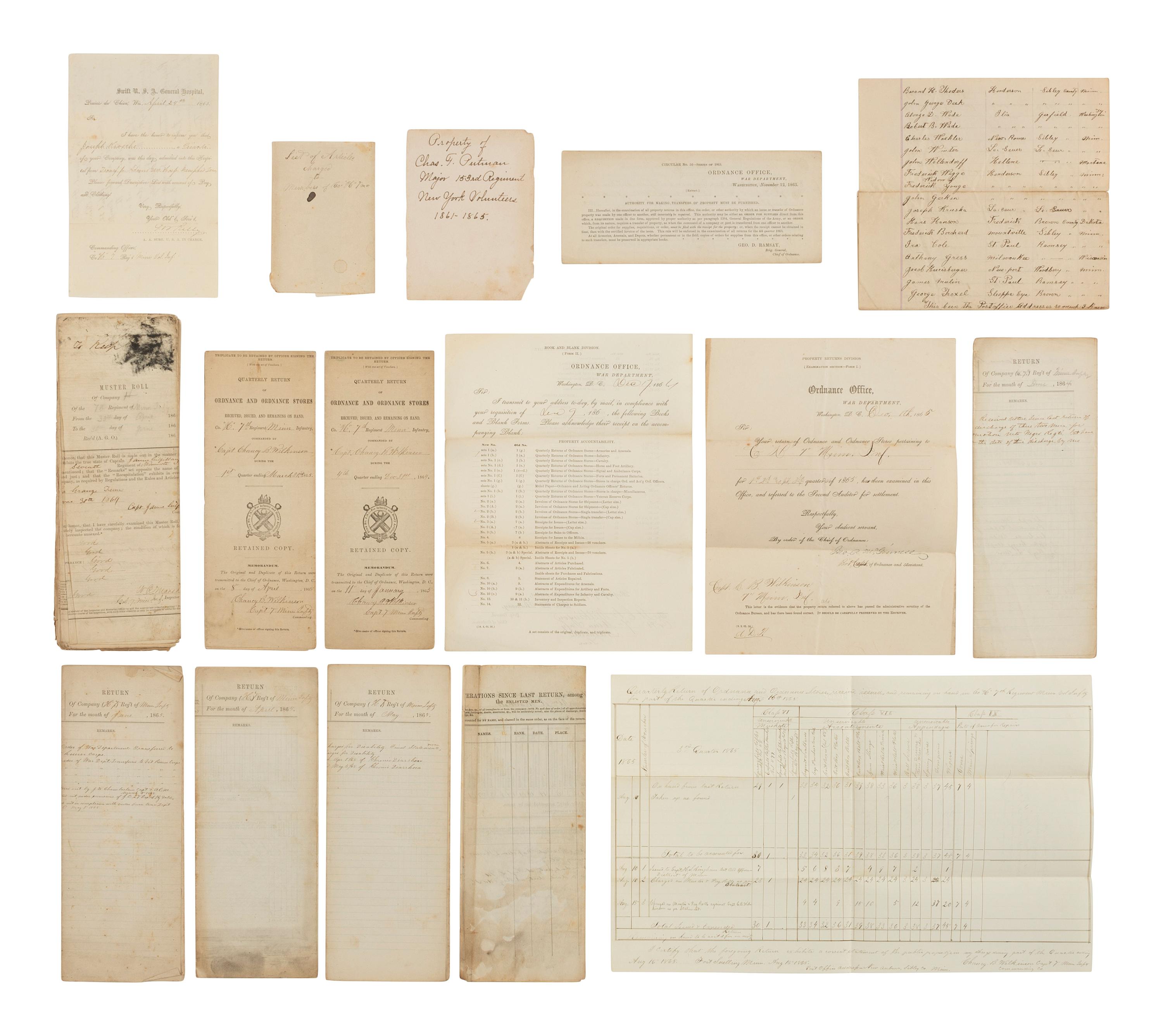 [CIVIL WAR]. Archive of documents from Co. H, 7th Minnesota Infantry, including muster rolls, returns, and more, ca 1864-1865.