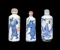Three Chinese Blue and White Porcelain 'Figural' Snuff Bottles
