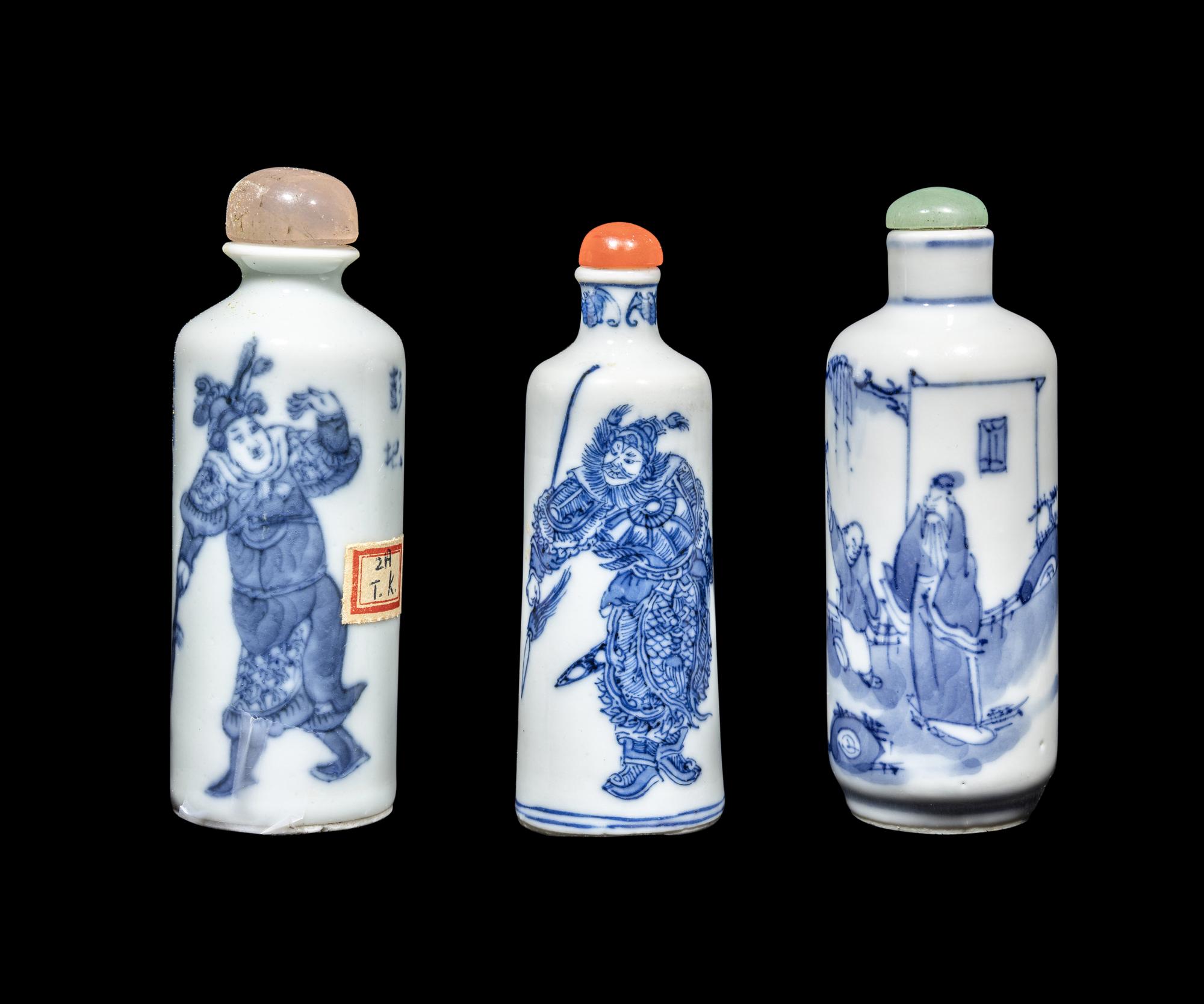 Three Chinese Blue and White Porcelain 'Figural' Snuff Bottles