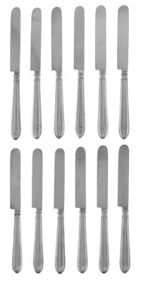 A Set of Twelve American Silver Fruit Knives, Mid 20th Century, with lobed beaded handles.