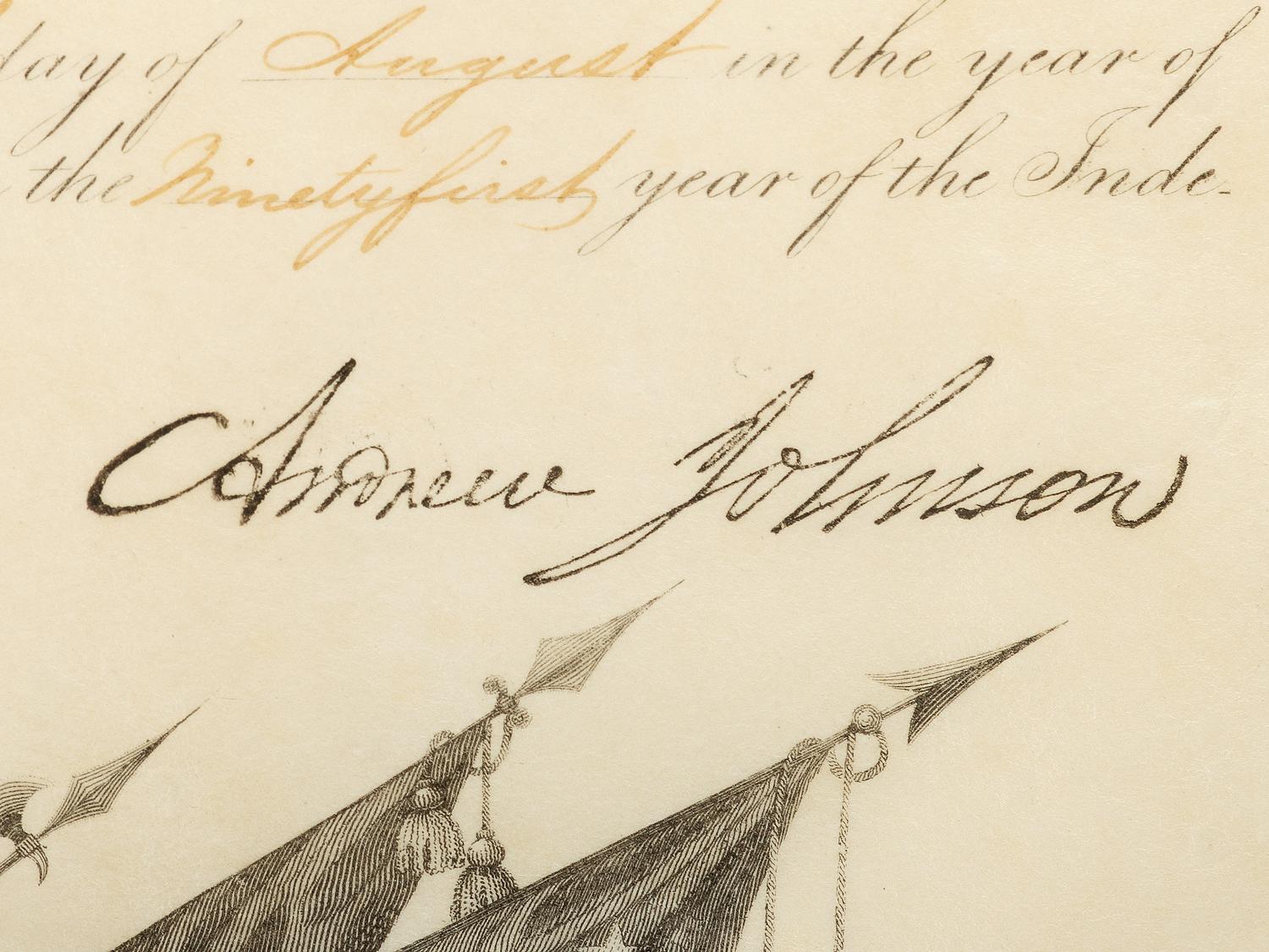 JOHNSON, Andrew (1808-1875). Partly-printed commission document stamp-signed ("Andrew Johnson"). Washington, D.C., 20 August 1866.