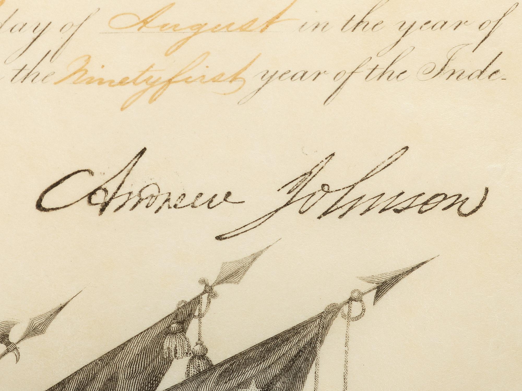 JOHNSON, Andrew (1808-1875). Partly-printed commission document stamp-signed ("Andrew Johnson"). Washington, D.C., 20 August 1866.