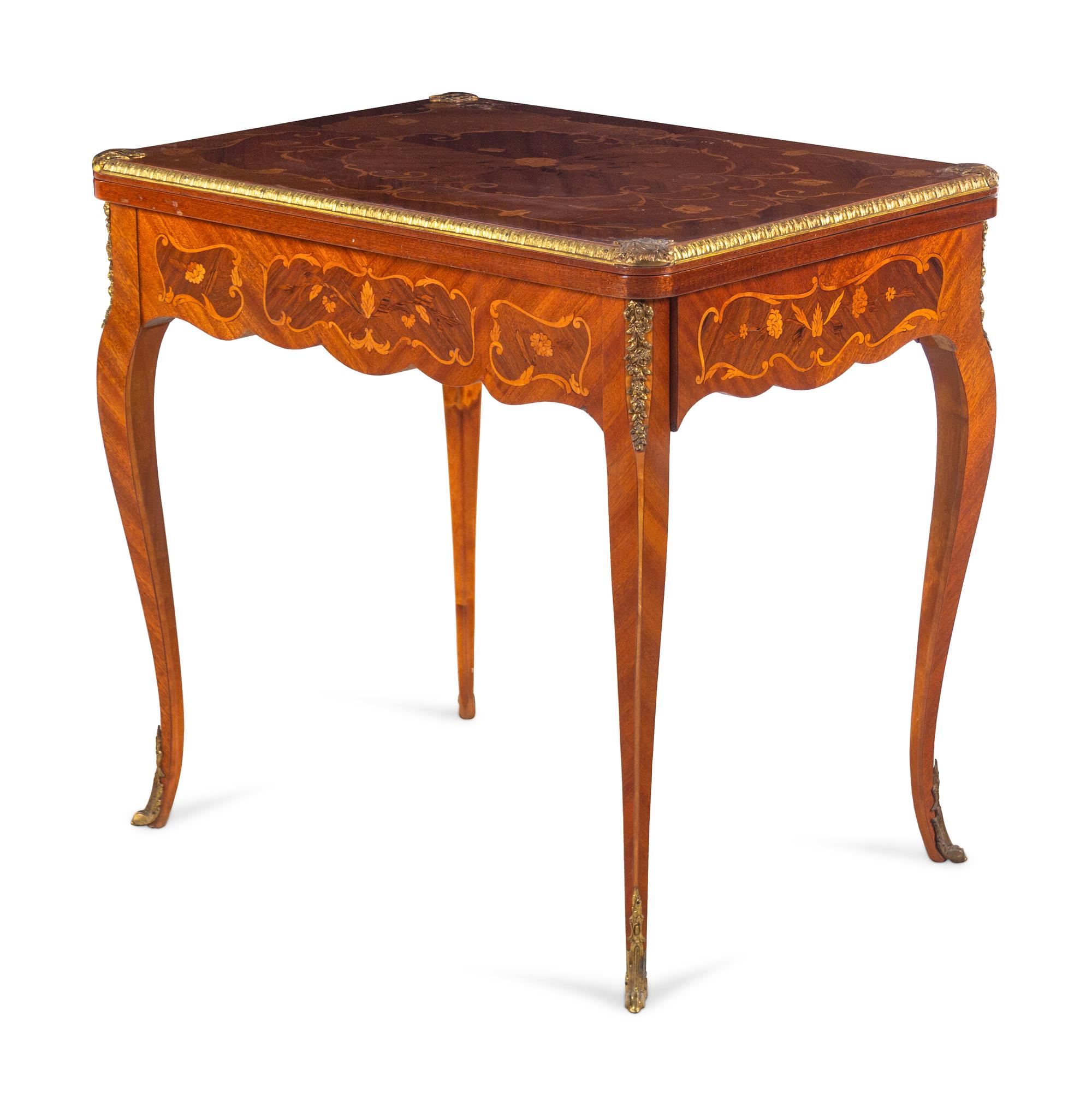 A Louis XV Style Gilt Metal Mounted Marquetry Flip-Top Table