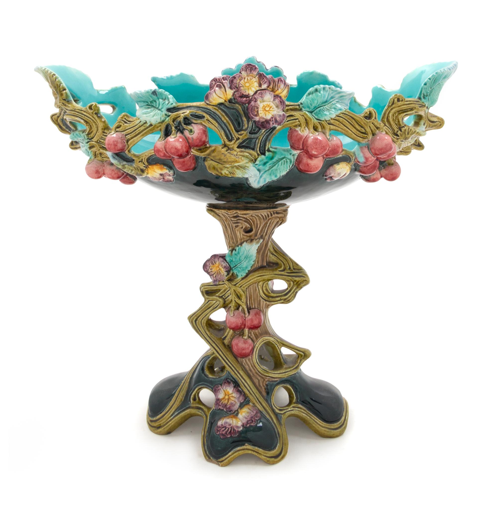 A Bohemian Art Nouveau Majolica Centerpiece Basket Height 13 1/4 inches. — WILHELM SCHILLER & SON, 19TH/20TH CENTURY