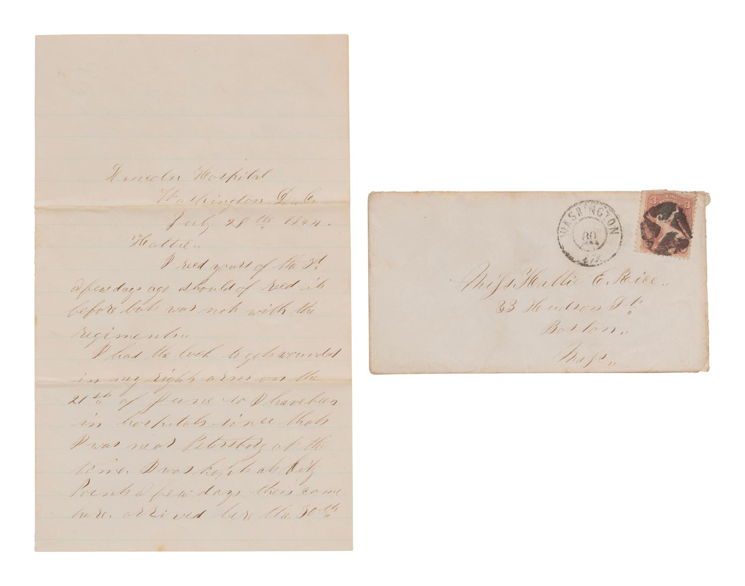 [CIVIL WAR]. Wounded 1st Minnesota soldier's letter from Lincoln Hospital. 28 July 1864.