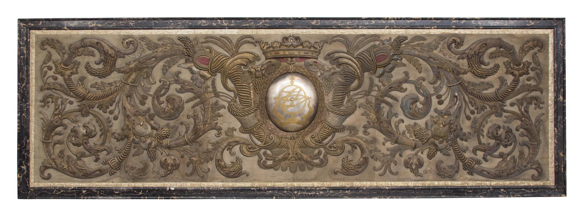 An Italian Marble-Framed Silver Thread Embroidered Panel 43 x 110 inches. — 19TH CENTURY