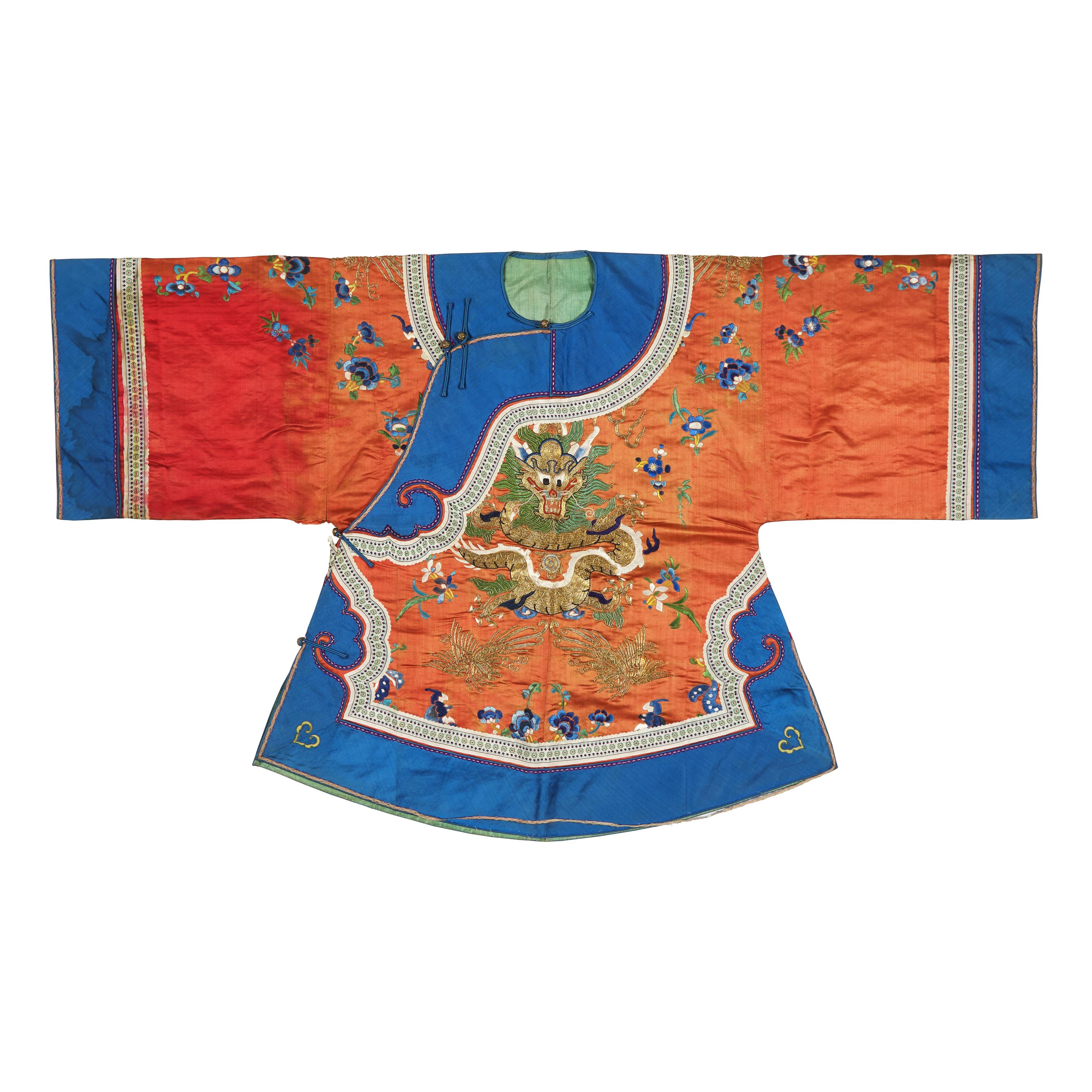 A Chinese Red Ground Silk 'Dragon' Lady's Jacket, Early 20th Century 清晚期 紅地綉龍紋女大襟