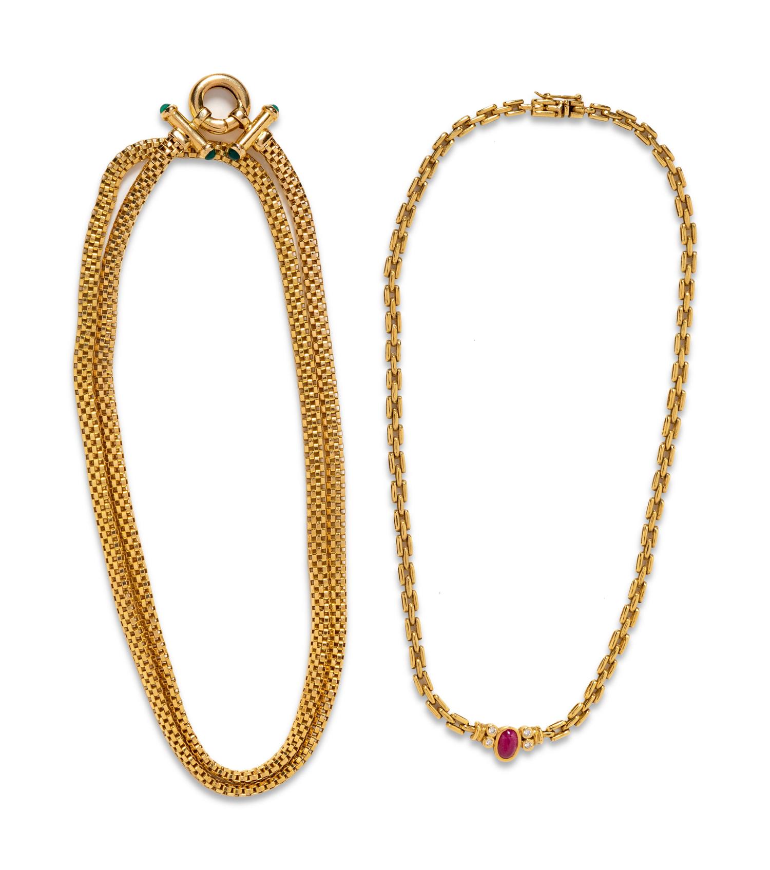 A Collection of Yellow Gold and Gemstone Necklaces,